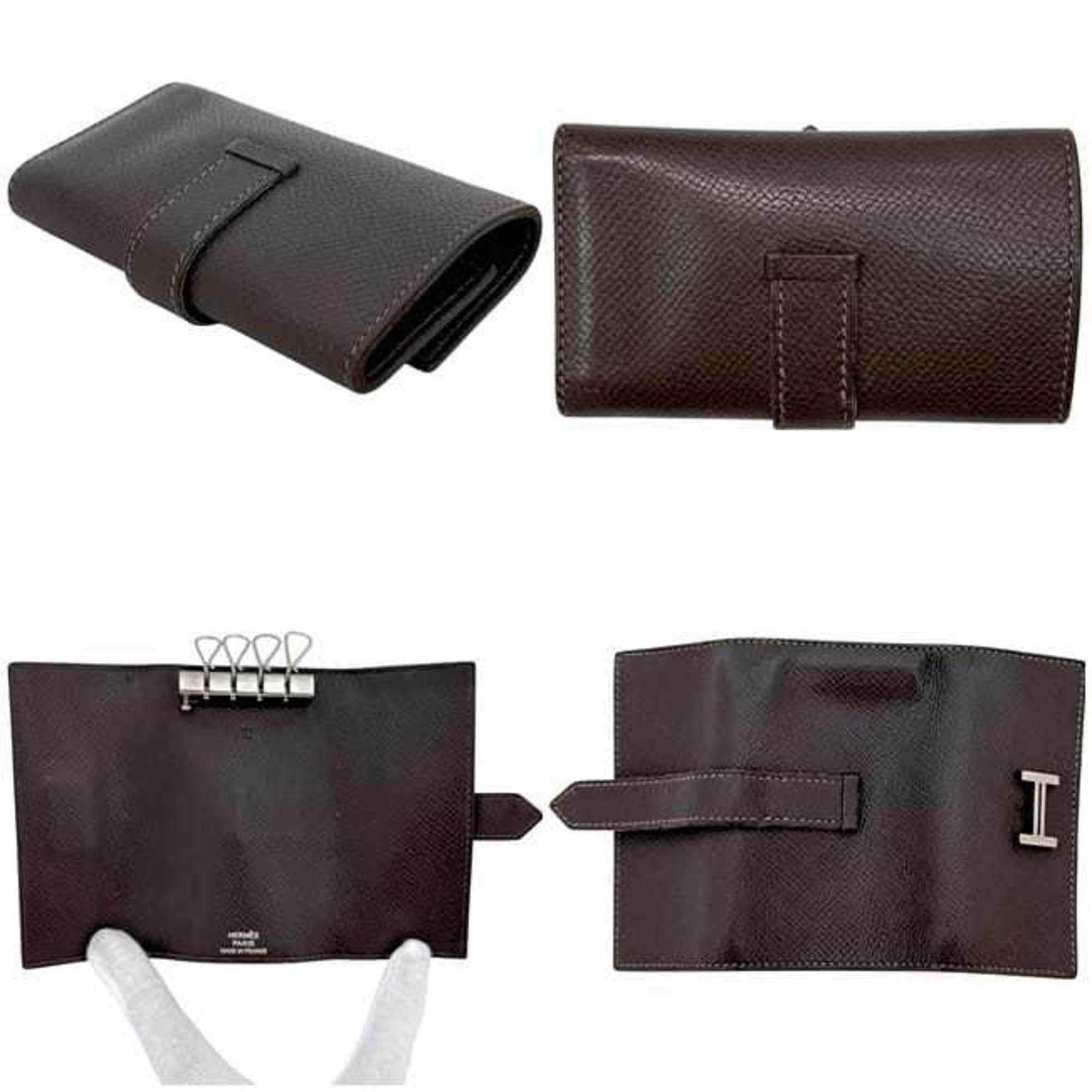 Hermes Hermès 4-ring key case f-25146, brown/dark brown Bearn leather, Epson, L stamp, made in 2008, HERMES holder, 4 hooks, flap, H, for men and women. Size ONE SIZE - 3 Thumbnail