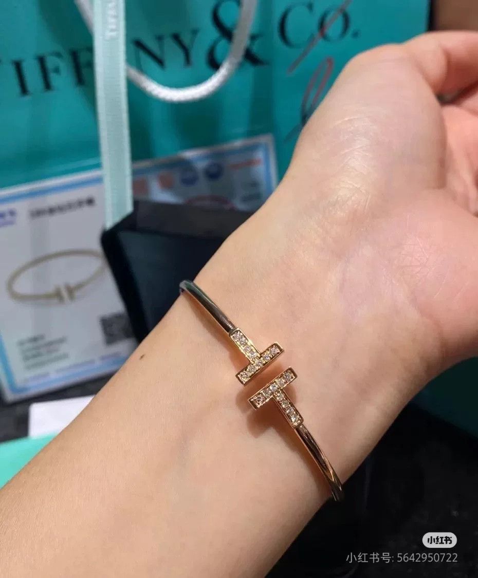 Tiffany & Co. Tiffany 18K Gold Diamond Double T Bangle Size ONE SIZE - 4 Thumbnail