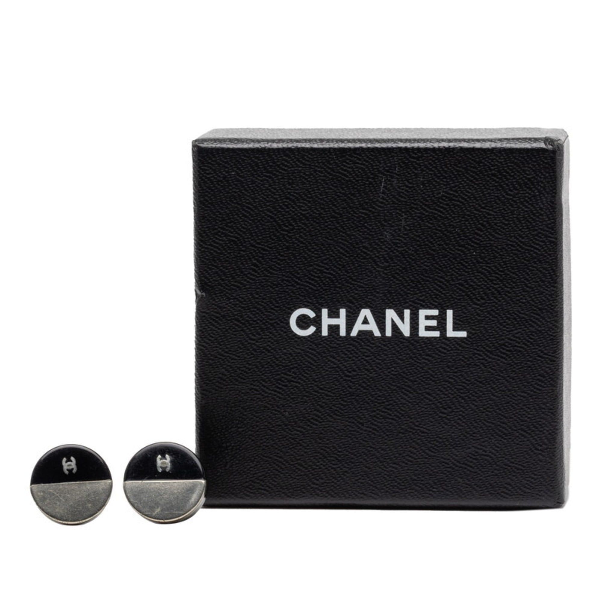 Chanel CHANEL Coco Mark Two-Tone Earrings in Black and Silver Metal with Enamel, Women's Size ONE SIZE - 5 Thumbnail