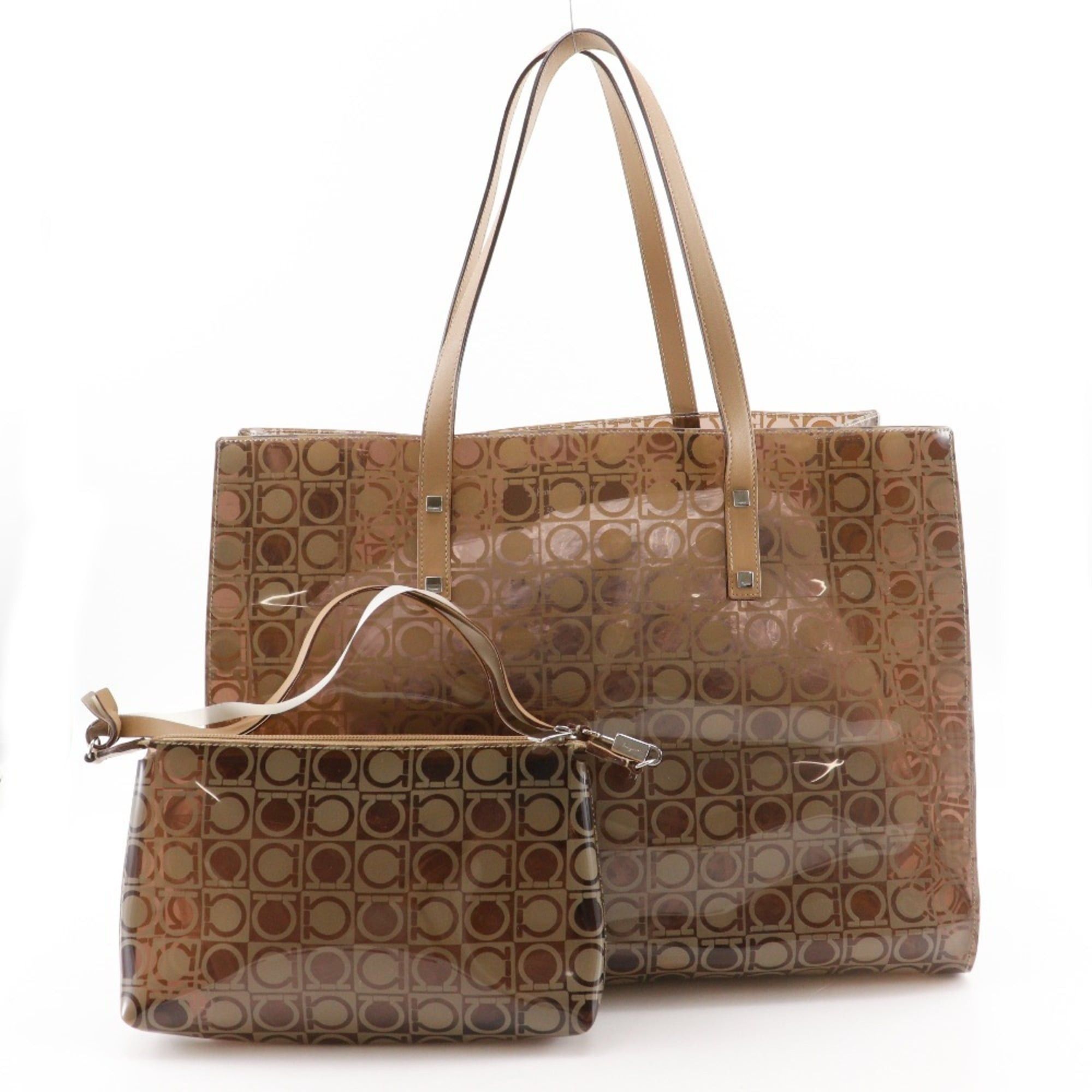 Salvatore Ferragamo Salvatore Ferragamo Gancini Tote Bag AU-21-2437, Beige Vinyl, A4 Size, Open, Women's Size ONE SIZE - 20 Thumbnail