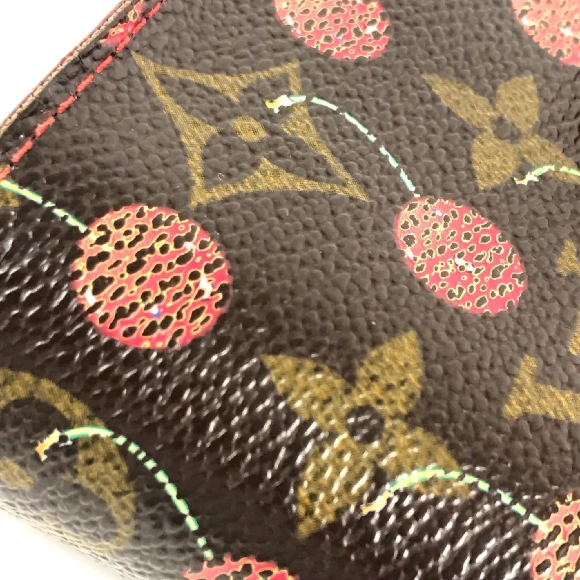 LOUIS VUITTON M95005 Monogram Cherry Compact Zip Wallet, designed by Takashi Murakami, featuring a cherry design. This compact, bi-fold wallet is crafted from canvas and available in brown for both men women.