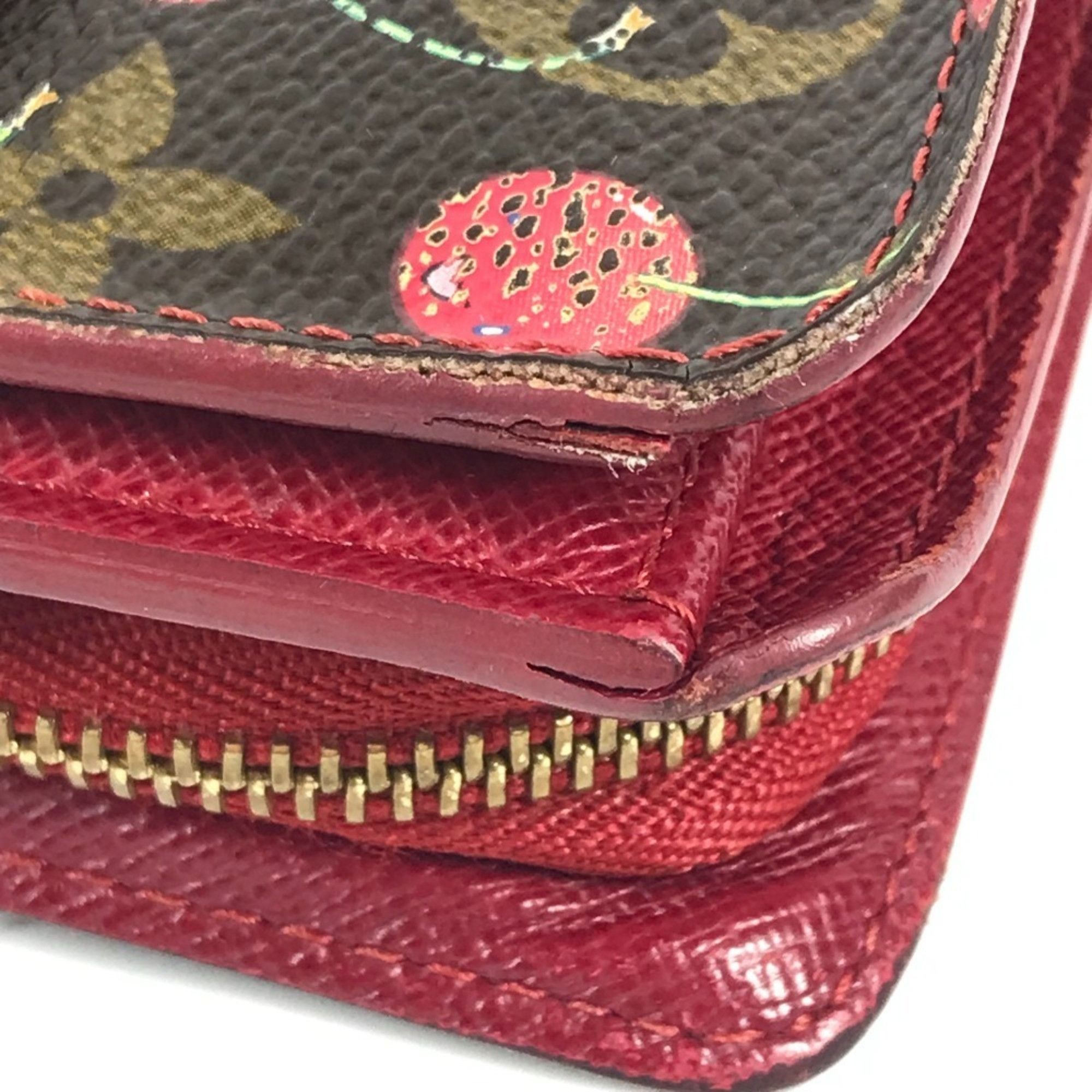LOUIS VUITTON M95005 Monogram Cherry Compact Zip Wallet, designed by Takashi Murakami, featuring a cherry design. This compact, bi-fold wallet is crafted from canvas and available in brown for both men women.