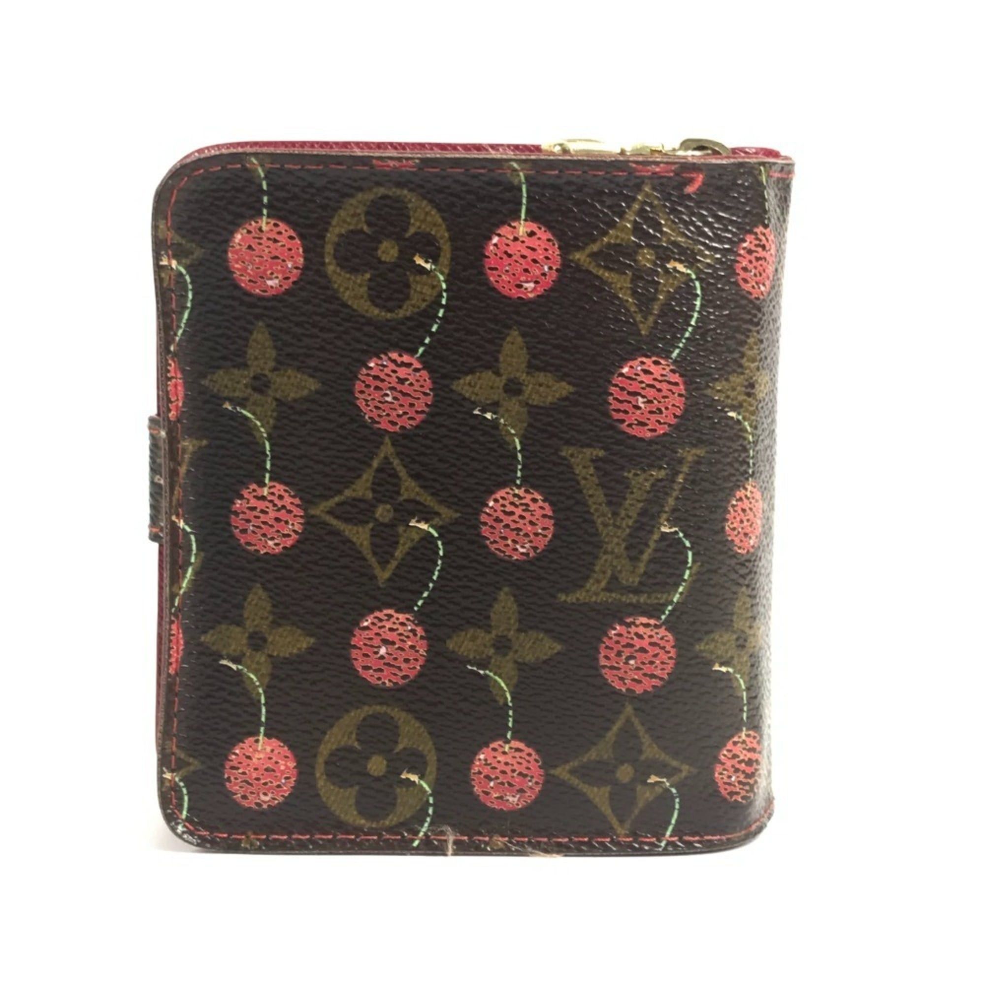 LOUIS VUITTON M95005 Monogram Cherry Compact Zip Wallet, designed by Takashi Murakami, featuring a cherry design. This compact, bi-fold wallet is crafted from canvas and available in brown for both men women.