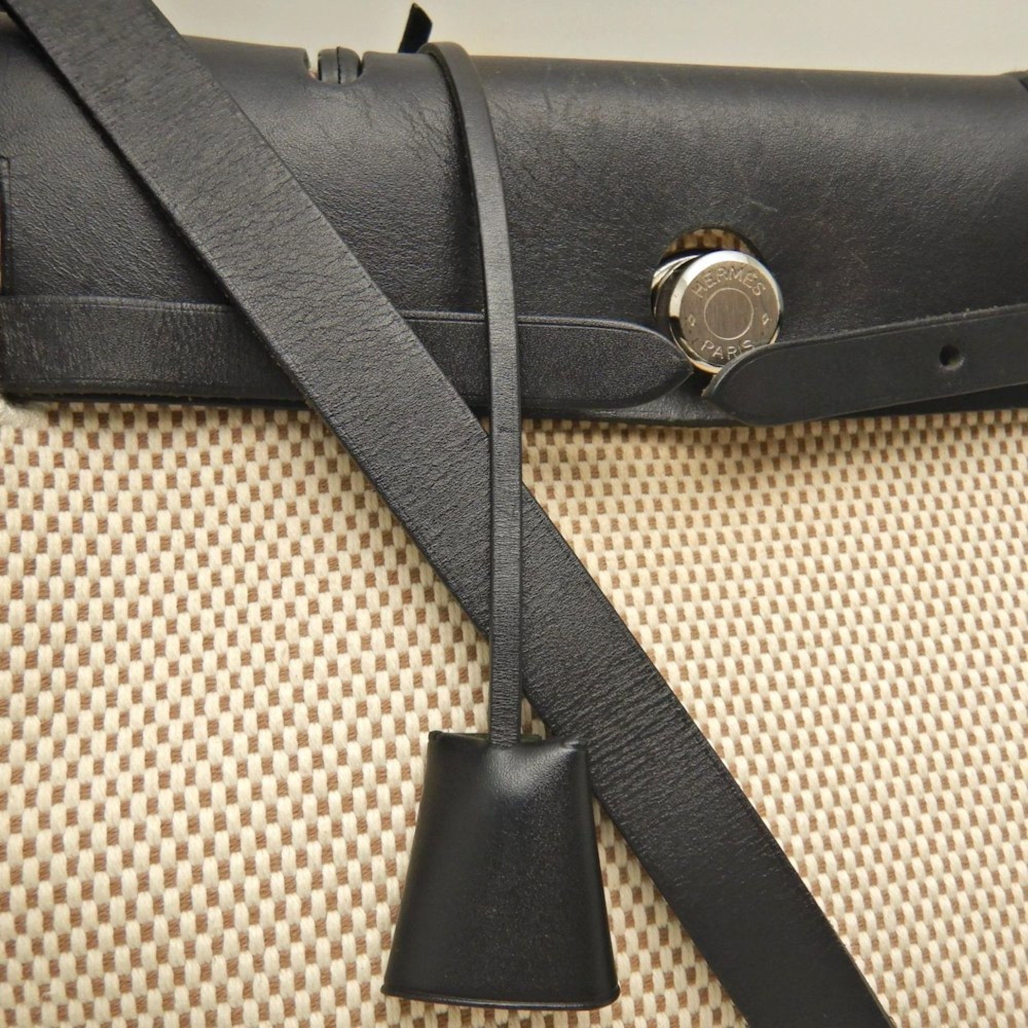 HERMES Hermès Airbag PM 038465CB Handbag Toile GM Natural Black Women's 253598