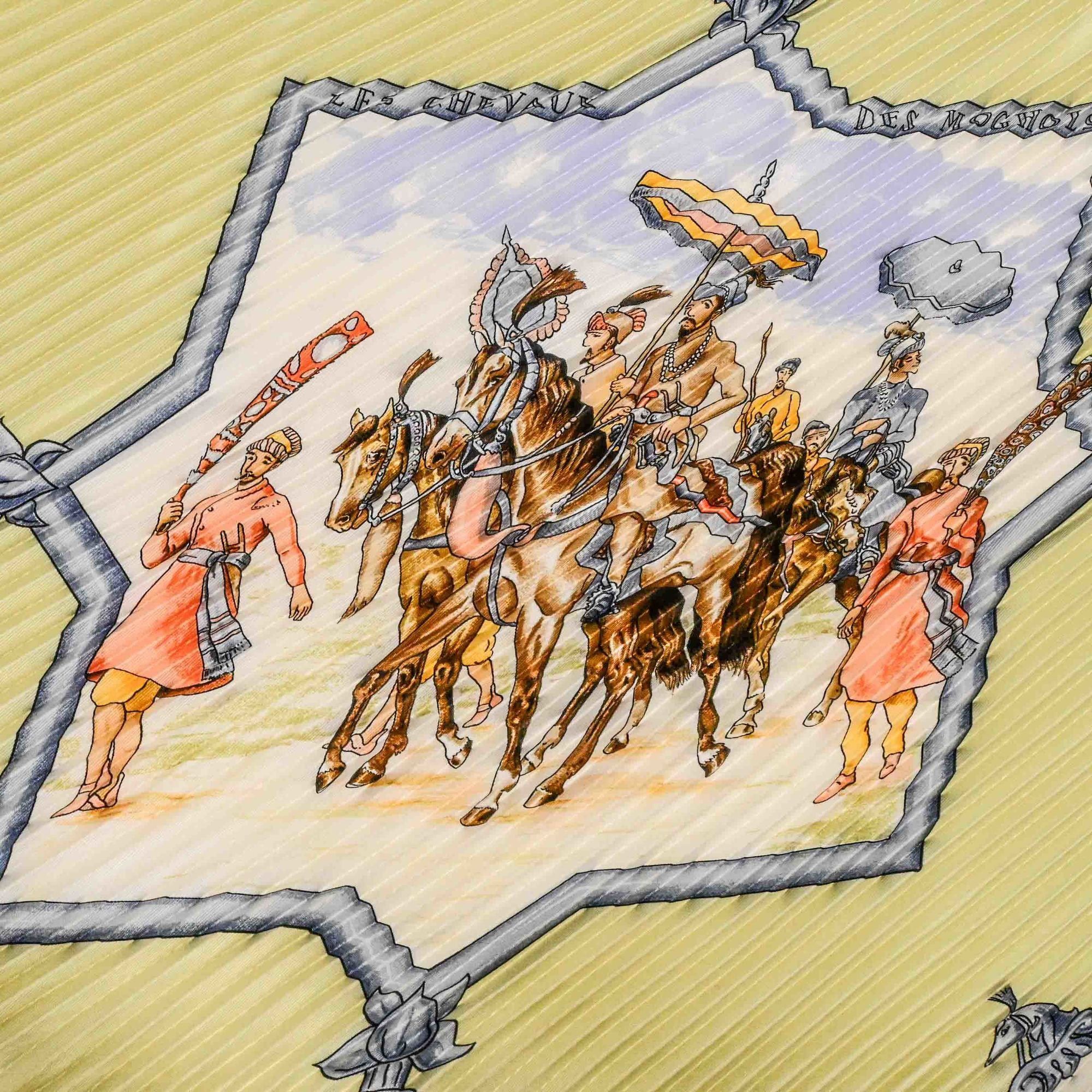 Hermes HERMES Pleated Carré Scarf/Muffler "Les Chevaux des Moghuls" Mughal Horse Silk Green Women's Size ONE SIZE - 6 Thumbnail