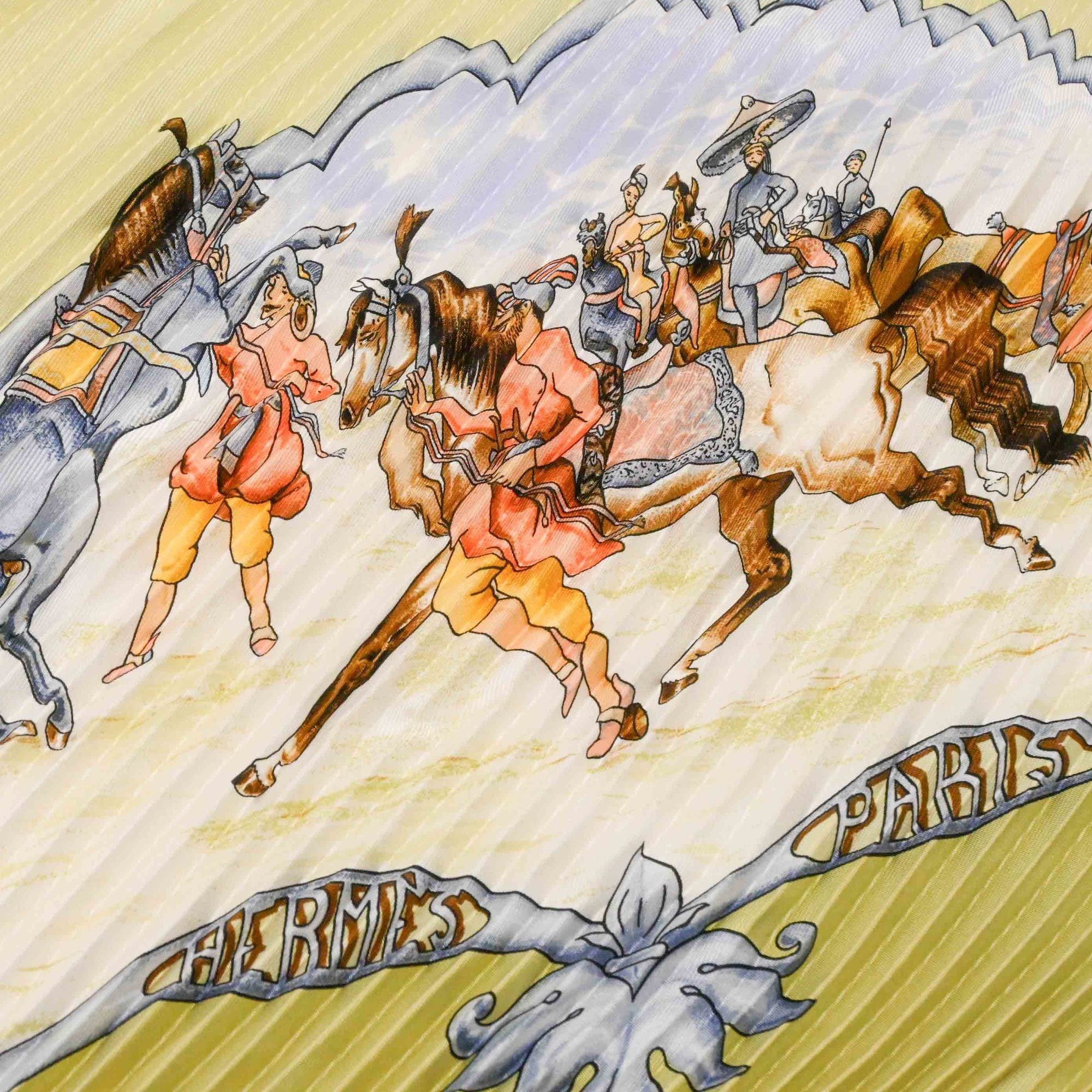 Hermes HERMES Pleated Carré Scarf/Muffler "Les Chevaux des Moghuls" Mughal Horse Silk Green Women's Size ONE SIZE - 9 Thumbnail