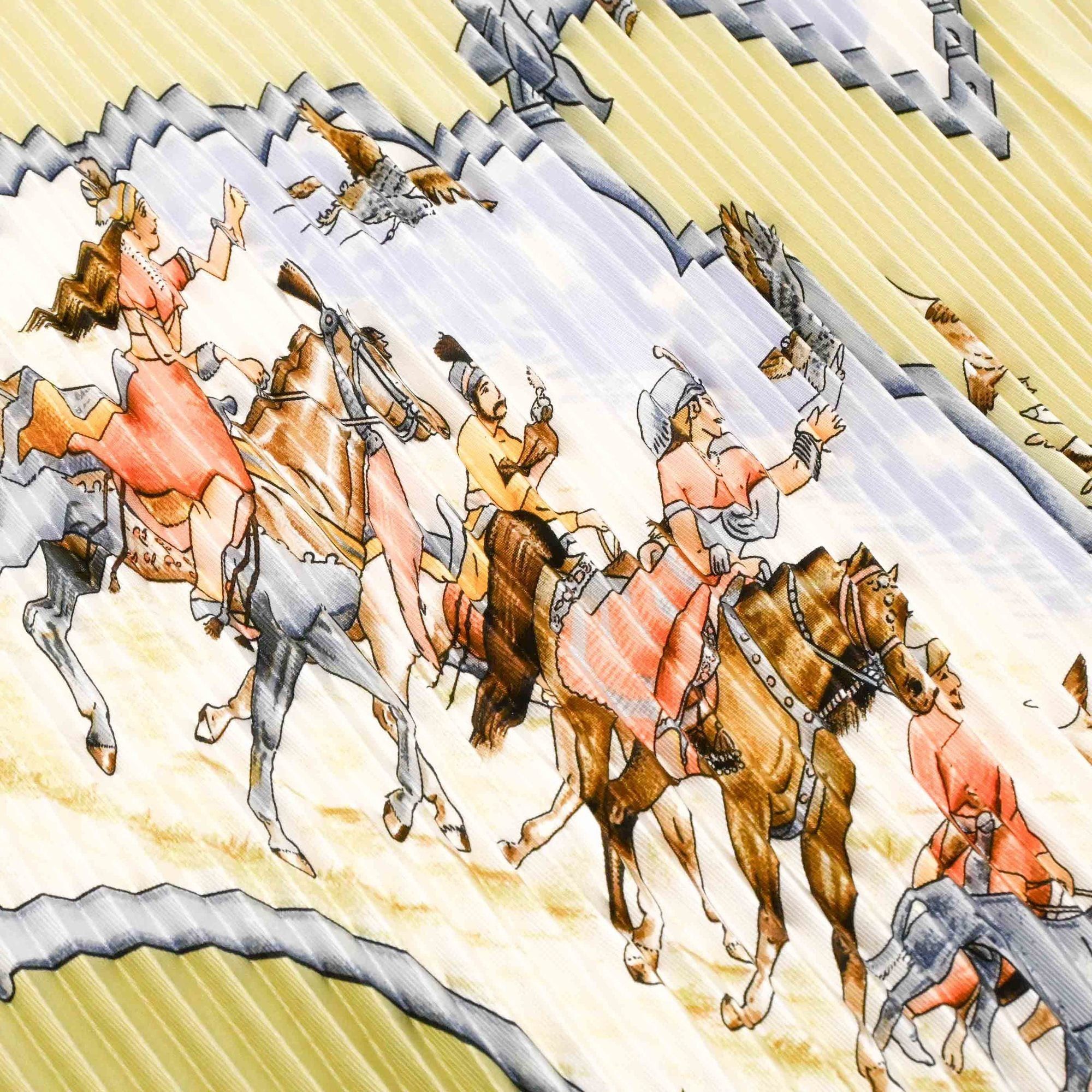 Hermes HERMES Pleated Carré Scarf/Muffler "Les Chevaux des Moghuls" Mughal Horse Silk Green Women's Size ONE SIZE - 8 Thumbnail
