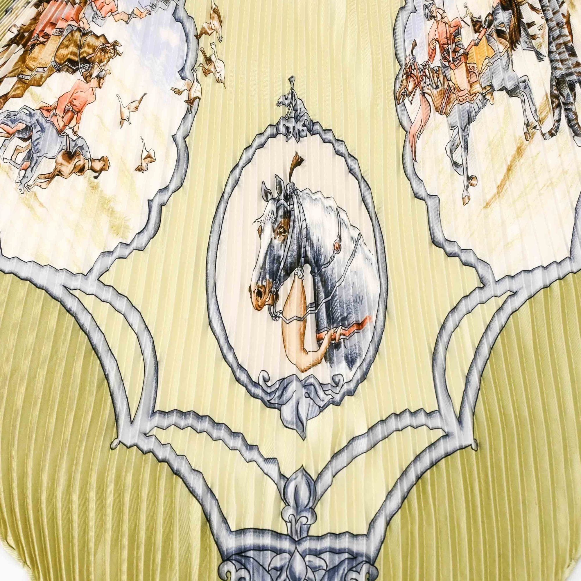 Hermes HERMES Pleated Carré Scarf/Muffler "Les Chevaux des Moghuls" Mughal Horse Silk Green Women's Size ONE SIZE - 7 Thumbnail