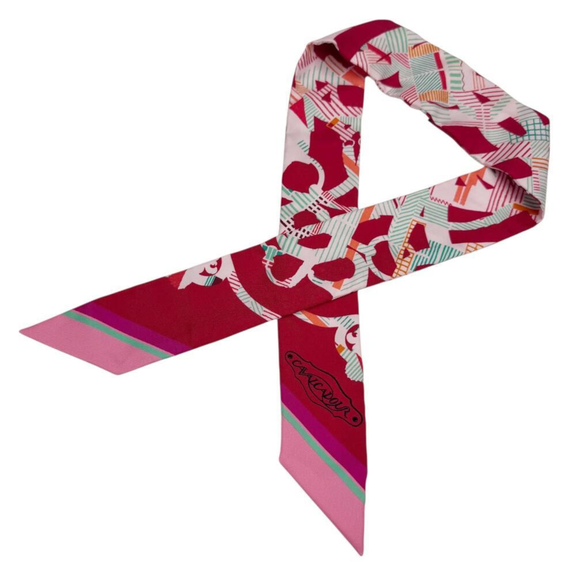 Hermes HERMES Cavalcadour Morning Raspberry Rose Vert Silk Twilly Scarf for Women Size ONE SIZE - 5 Thumbnail