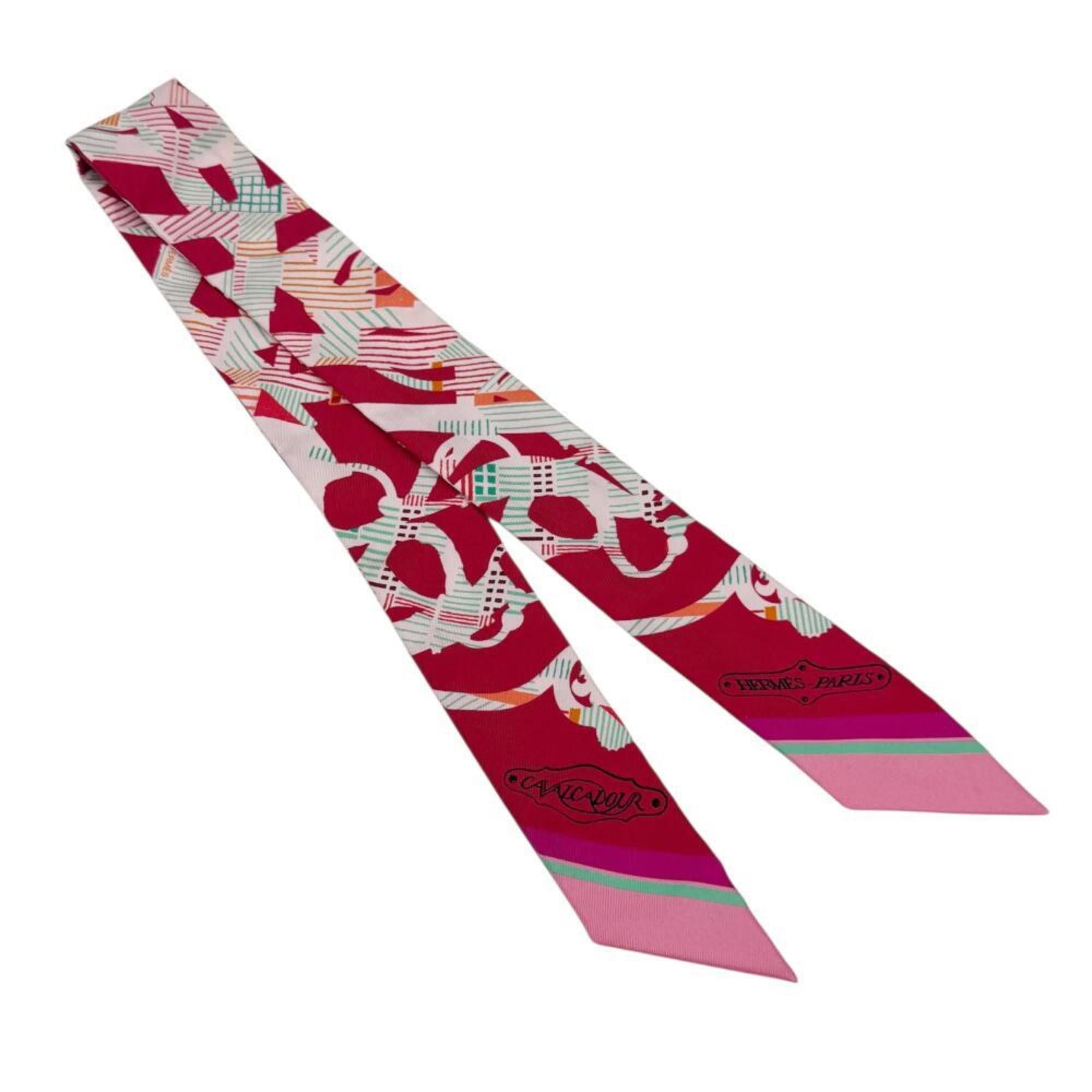 Hermes HERMES Cavalcadour Morning Raspberry Rose Vert Silk Twilly Scarf for Women Size ONE SIZE - 2 Thumbnail