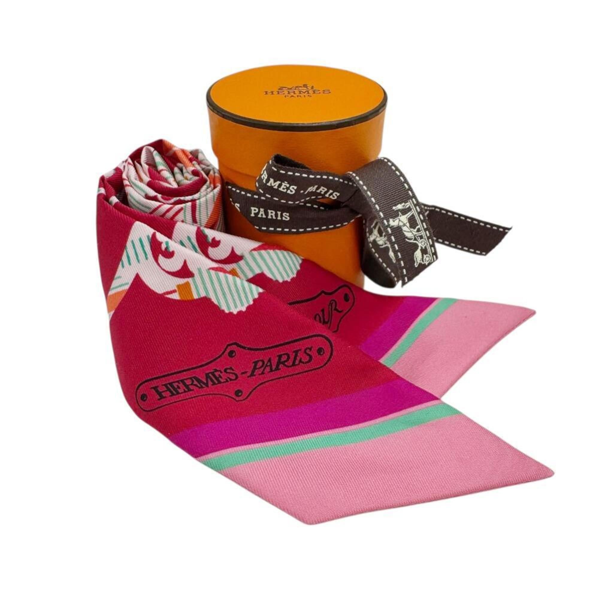 Hermes HERMES Cavalcadour Morning Raspberry Rose Vert Silk Twilly Scarf for Women Size ONE SIZE - 6 Thumbnail