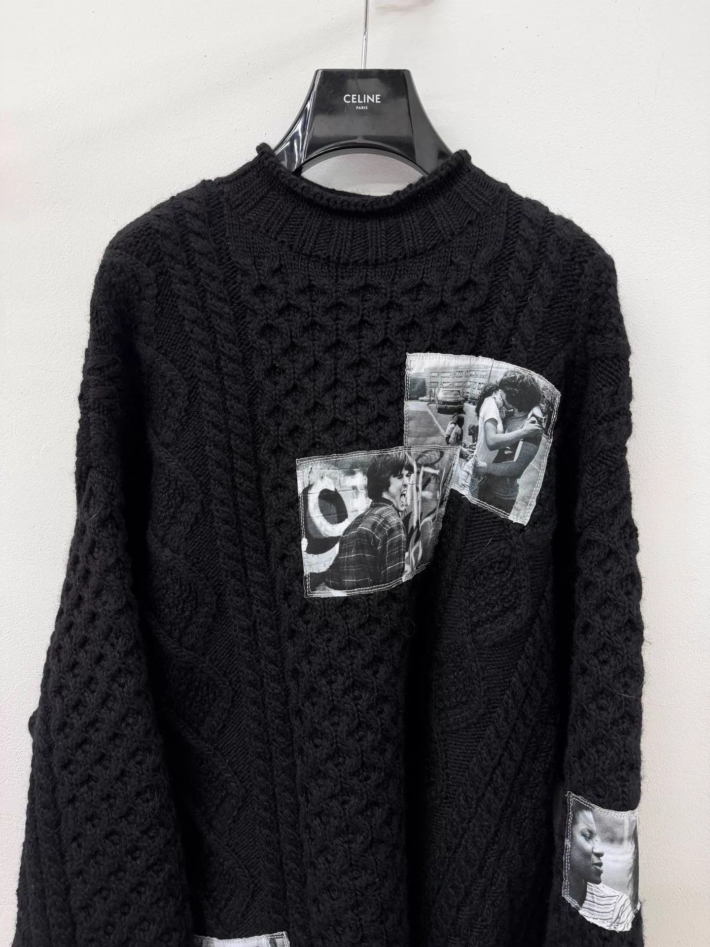 Takahiromiyashita The Soloist. Black Cable Knit Sweater with Photo Patches, Size M Size US M / EU 48-50 / 2 - 2 Thumbnail