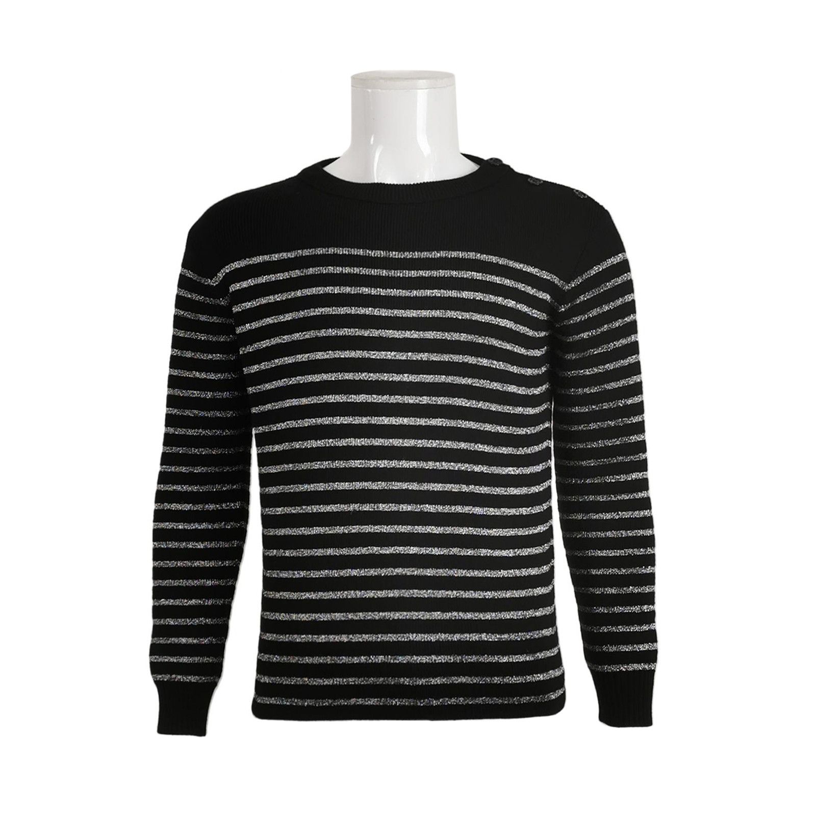 Saint Laurent Paris Saint Laurent M Black Silver Stripe Wool Sweater Size US M / EU 48-50 / 2 - 2 Thumbnail