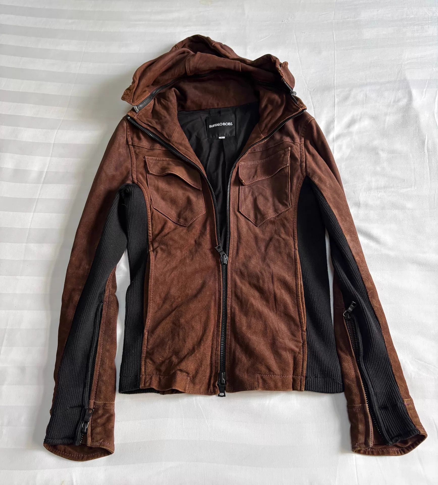 BUFFALO BOBS Hooded Leather Jacket with Ribbed Sleeves Size US S / EU 44-46 / 1 - 8 Thumbnail