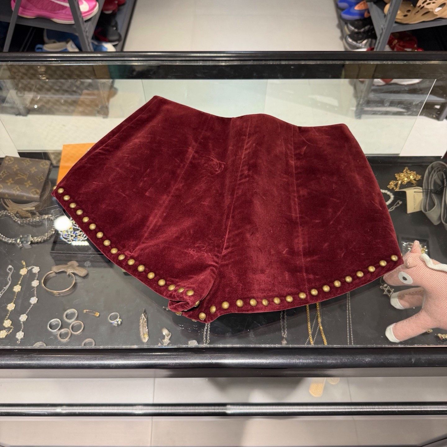 Saint Laurent Paris Saint Laurent Red Velvet Stud Mini Shorts Size 38" / US 16 / IT 52 - 2 Thumbnail