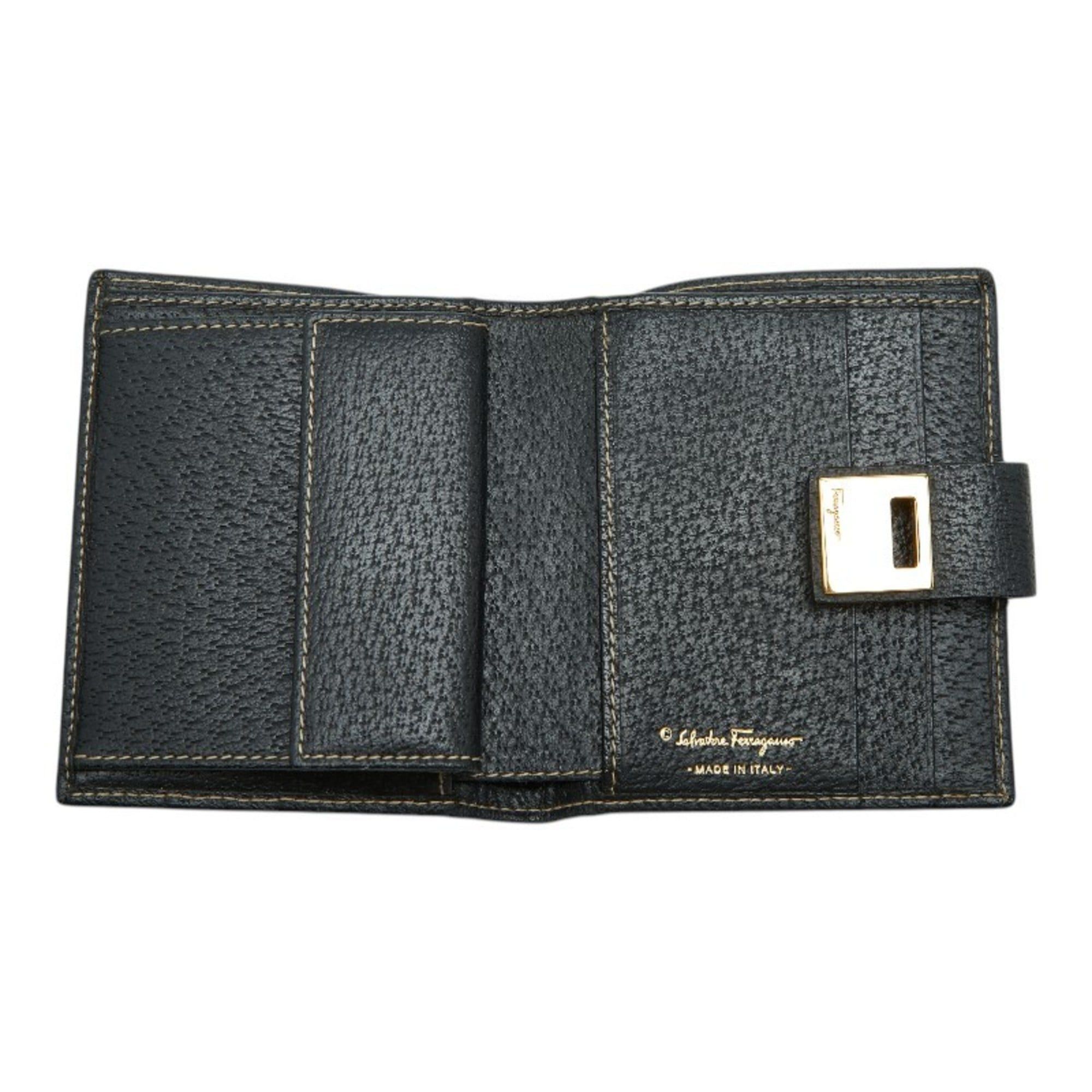 Salvatore Ferragamo Salvatore Ferragamo Gancini Bifold Wallet in Black Leather with Gold Hardware, Women's Size ONE SIZE - 8 Thumbnail