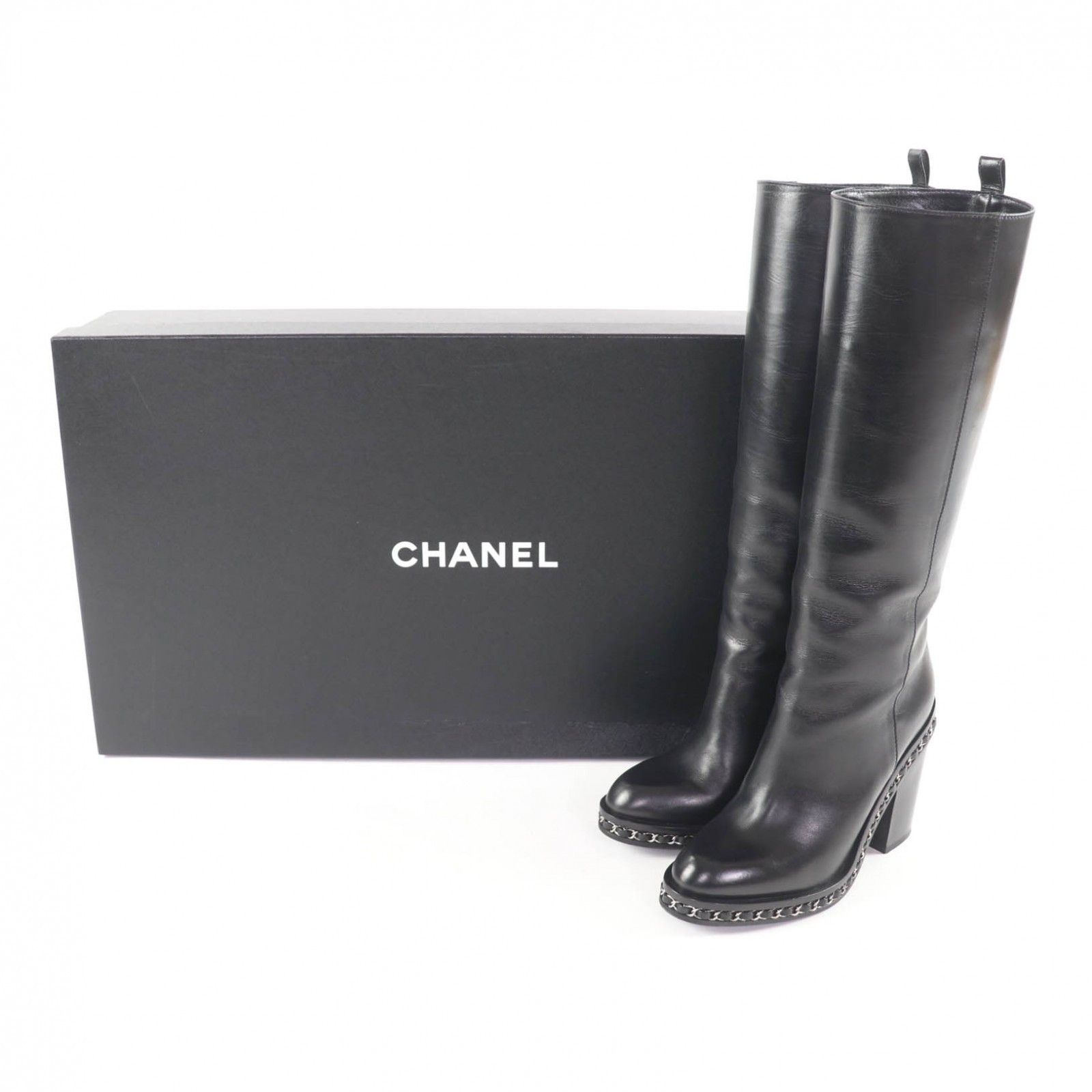Chanel Chanel CHANEL Black Leather Knee-high Boots Leather Shoes G30379 DUTY FREE for USA Size ONE SIZE - 2 Thumbnail