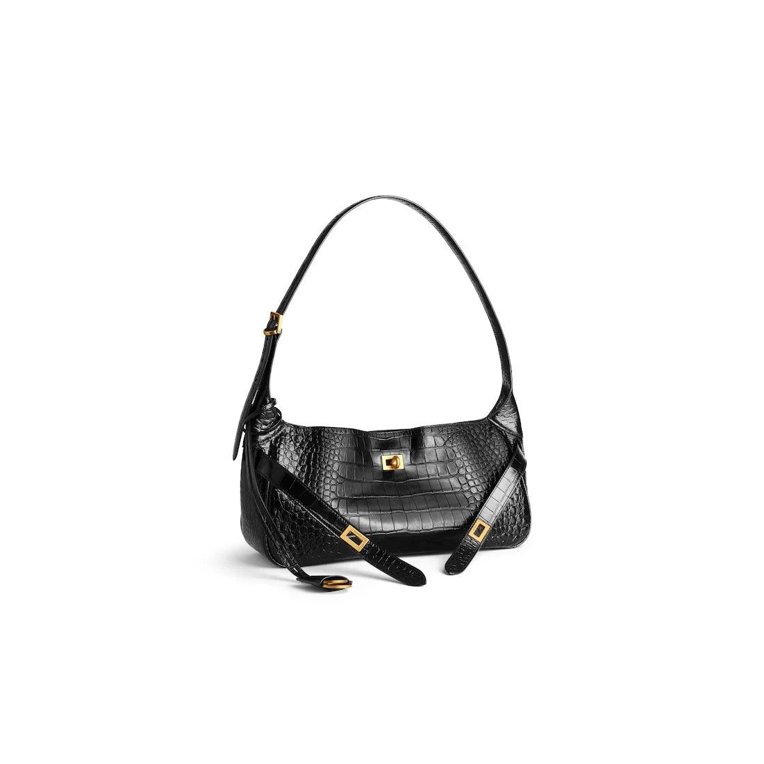Balenciaga Bel Air Shoulder Bag Small in black crocodile embossed calfskin, aged-gold hardware Size ONE SIZE - 2 Thumbnail