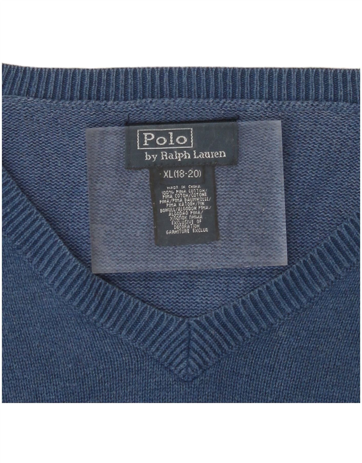 Polo Ralph Lauren Boys V-Neck Jumper Sweater 15-16 Years XL Blue Cotton Size ONE SIZE - 3 Thumbnail