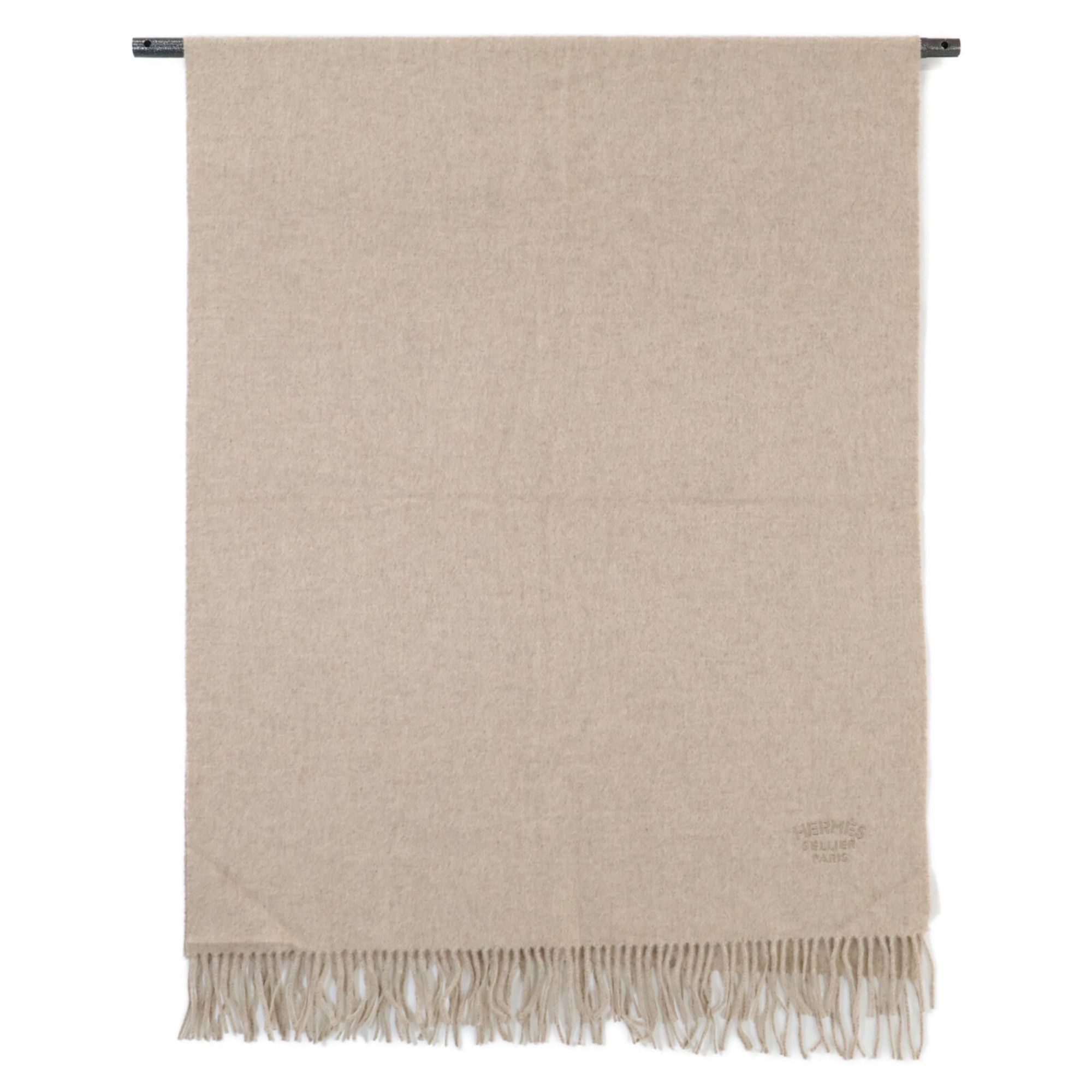 Hermes HERMES Logo Embroidered Cashmere Fringe Scarf Beige Women's Size ONE SIZE - 2 Thumbnail