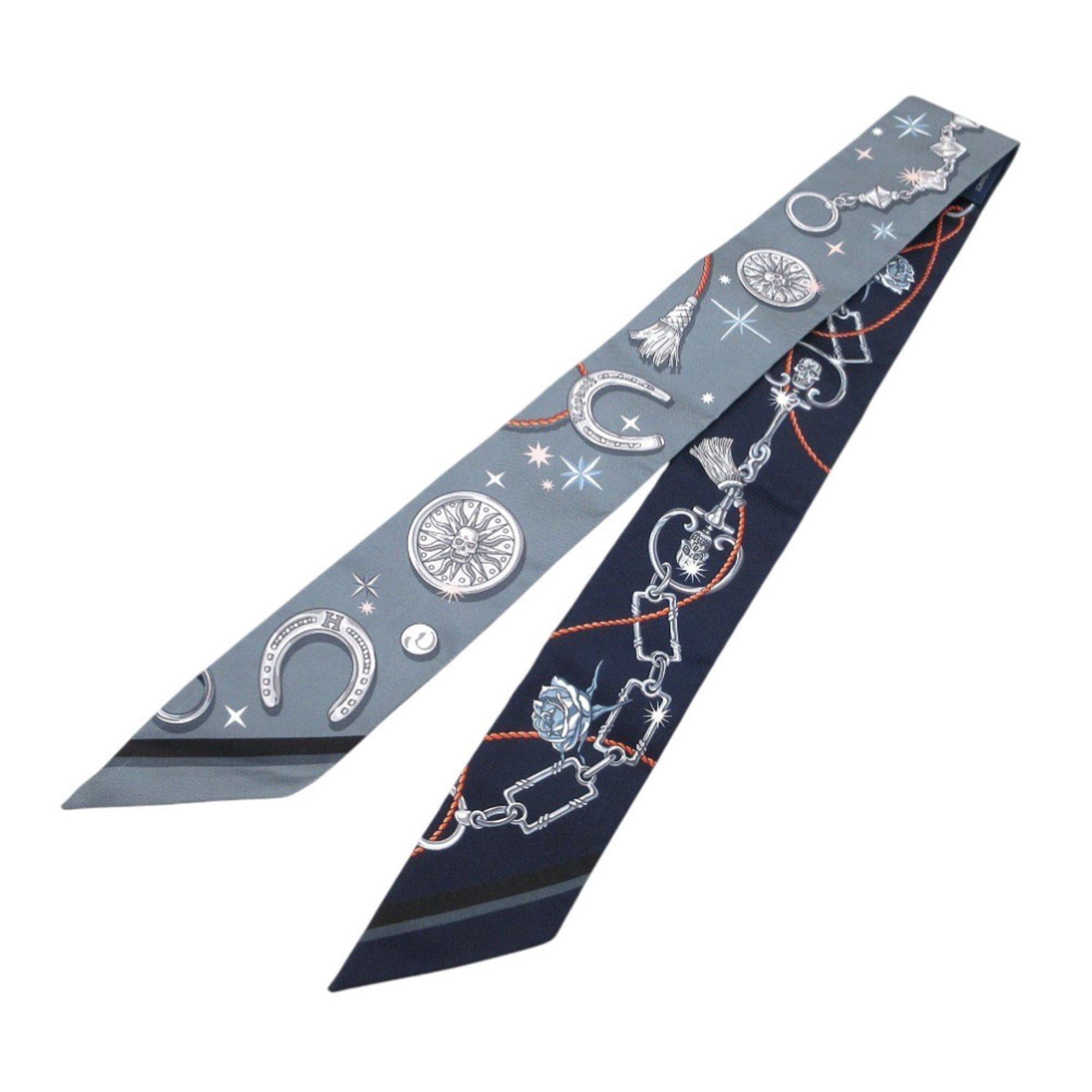 Hermes Like new Hermès Twilly Seraphet Scarf/Muffler, Silk, Gray and Navy, 0332HERMES Size ONE SIZE - 2 Thumbnail
