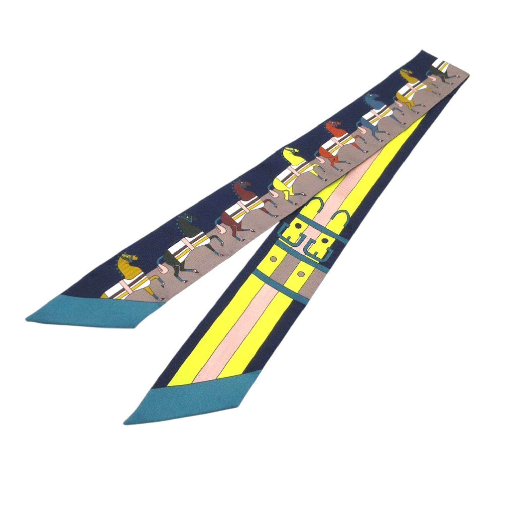 Hermes Like new Hermès Twilly Rocabar Horse Belt Scarf Silk Muffler Navy Greige Yellow 0285HERMES Size ONE SIZE - 2 Thumbnail