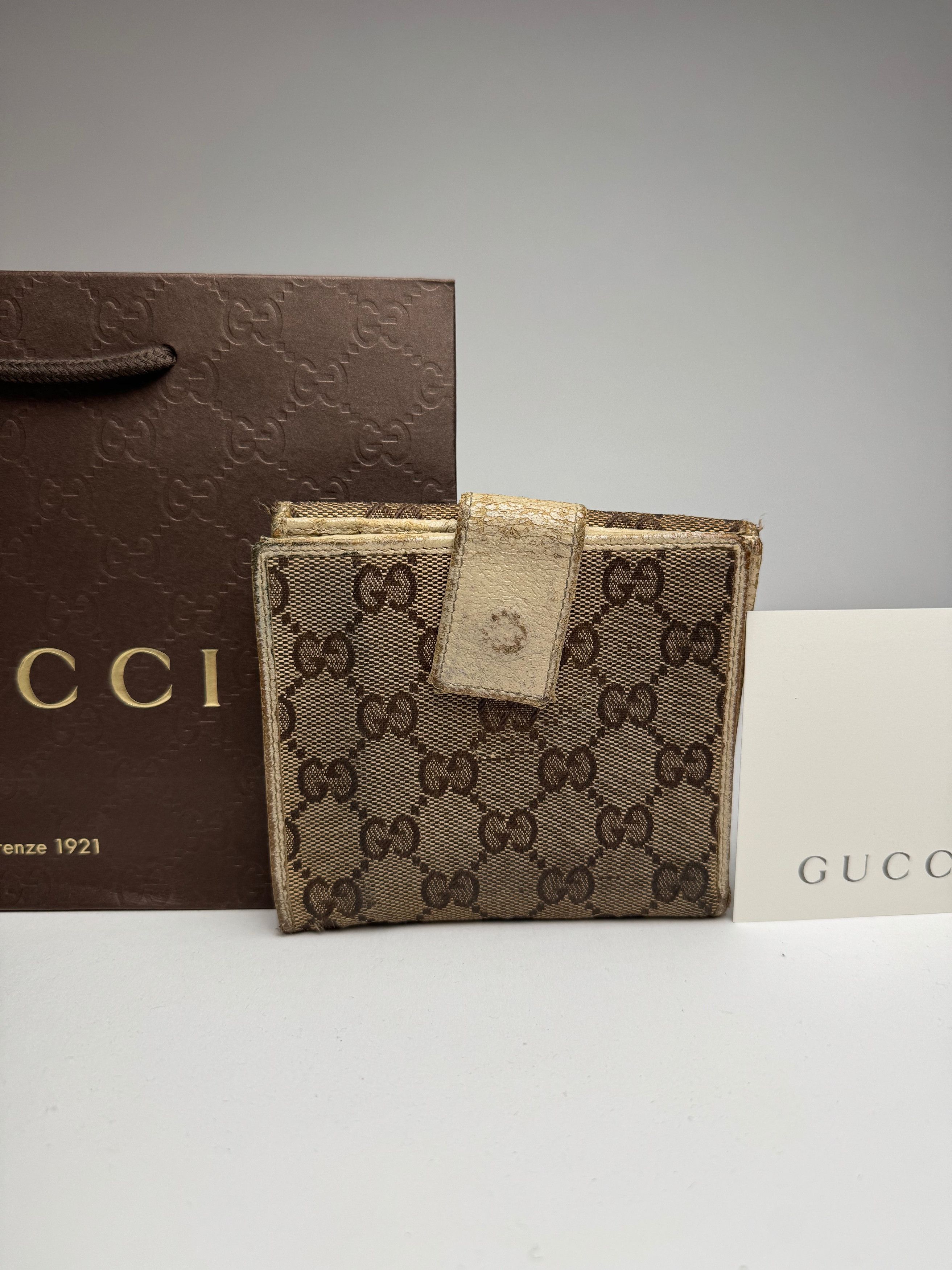 Gucci Vintage Leather Canvas Monogram Wallet Brown white Size ONE SIZE - 14 Thumbnail