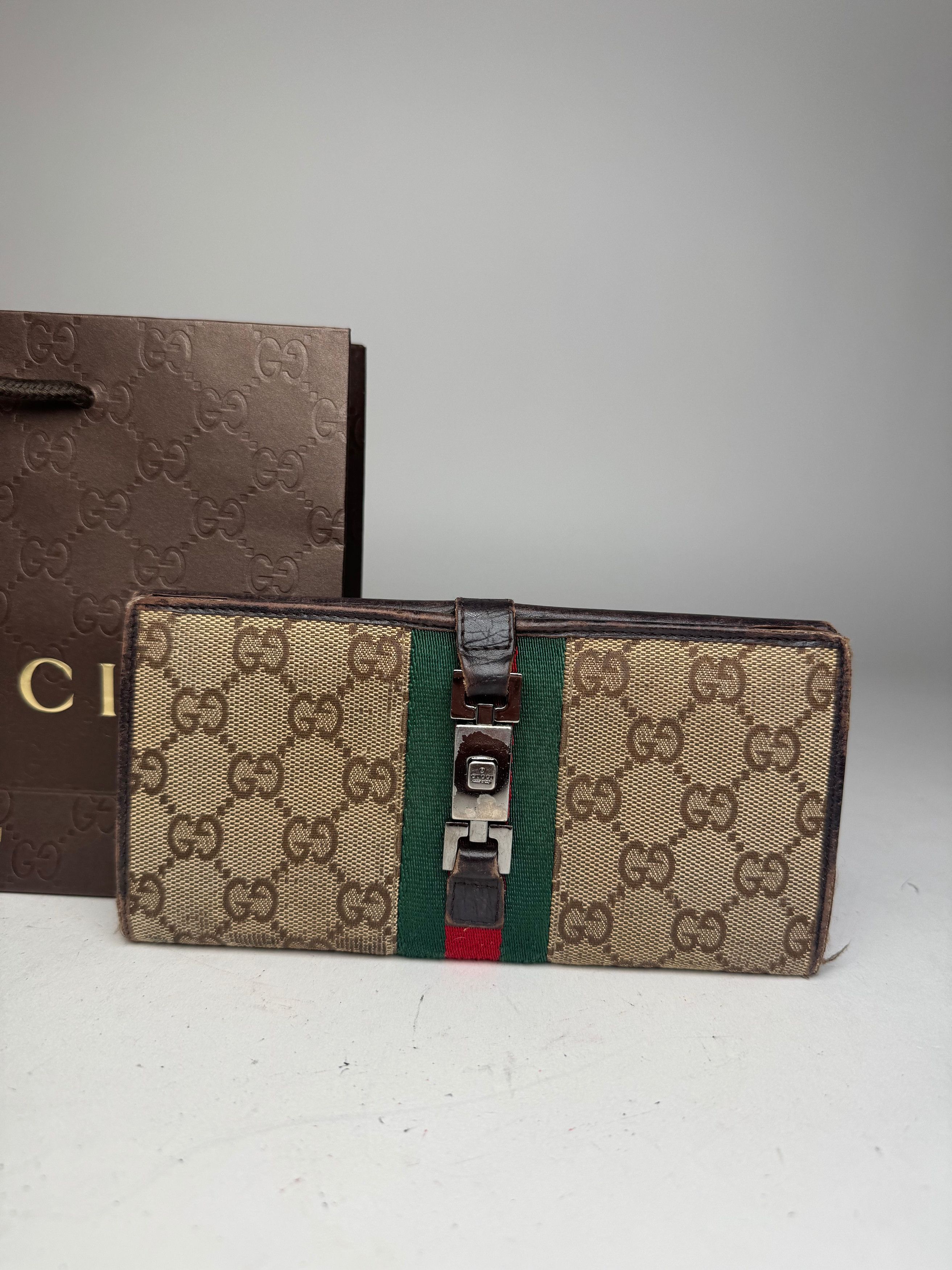 Gucci Vintage Jackie Monogram Leather Long Wallet Beige Brown Size ONE SIZE - 10 Thumbnail