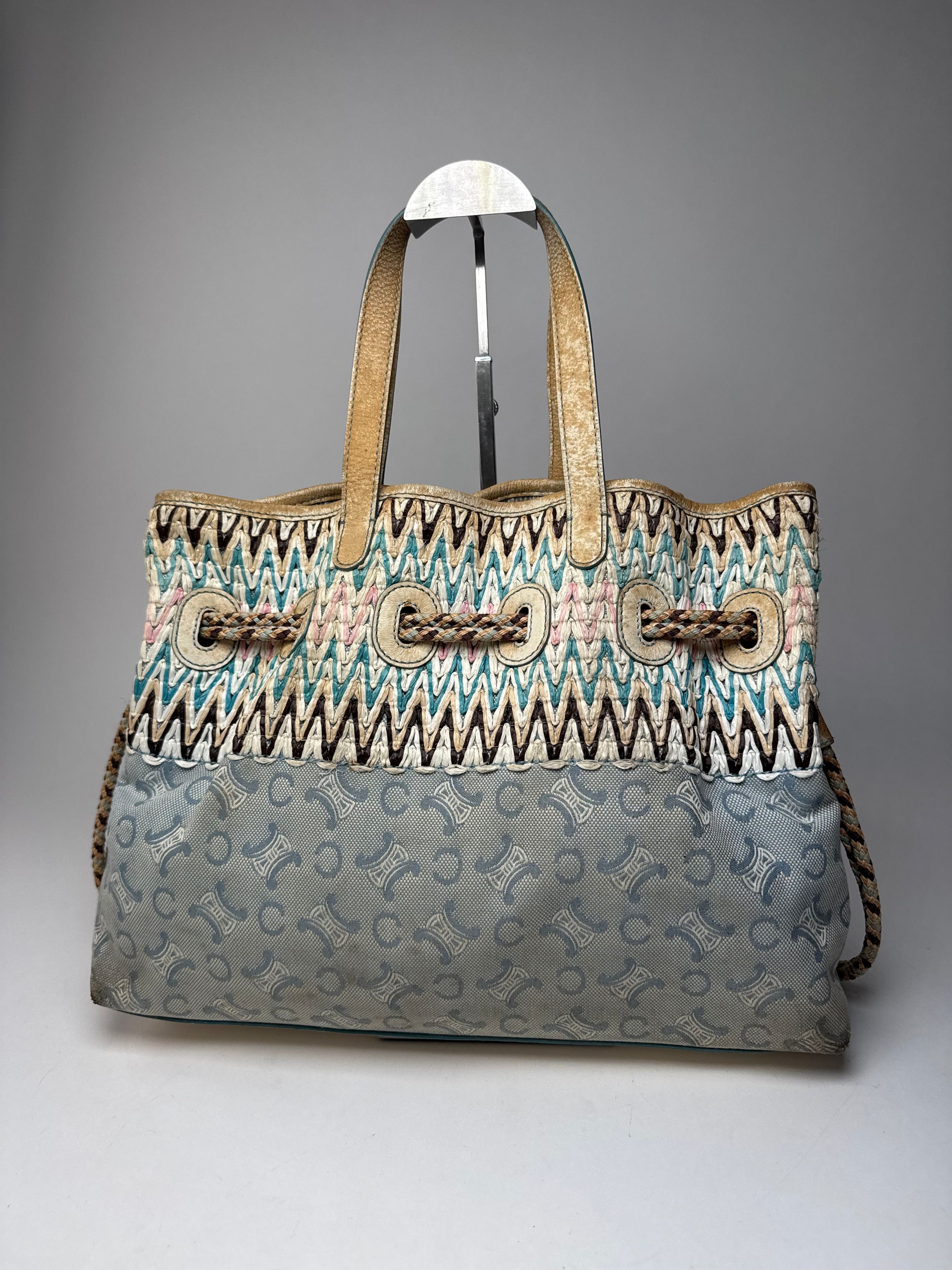 Celine Vintage Monogram Handbag Beige Blue White Size ONE SIZE - 8 Thumbnail