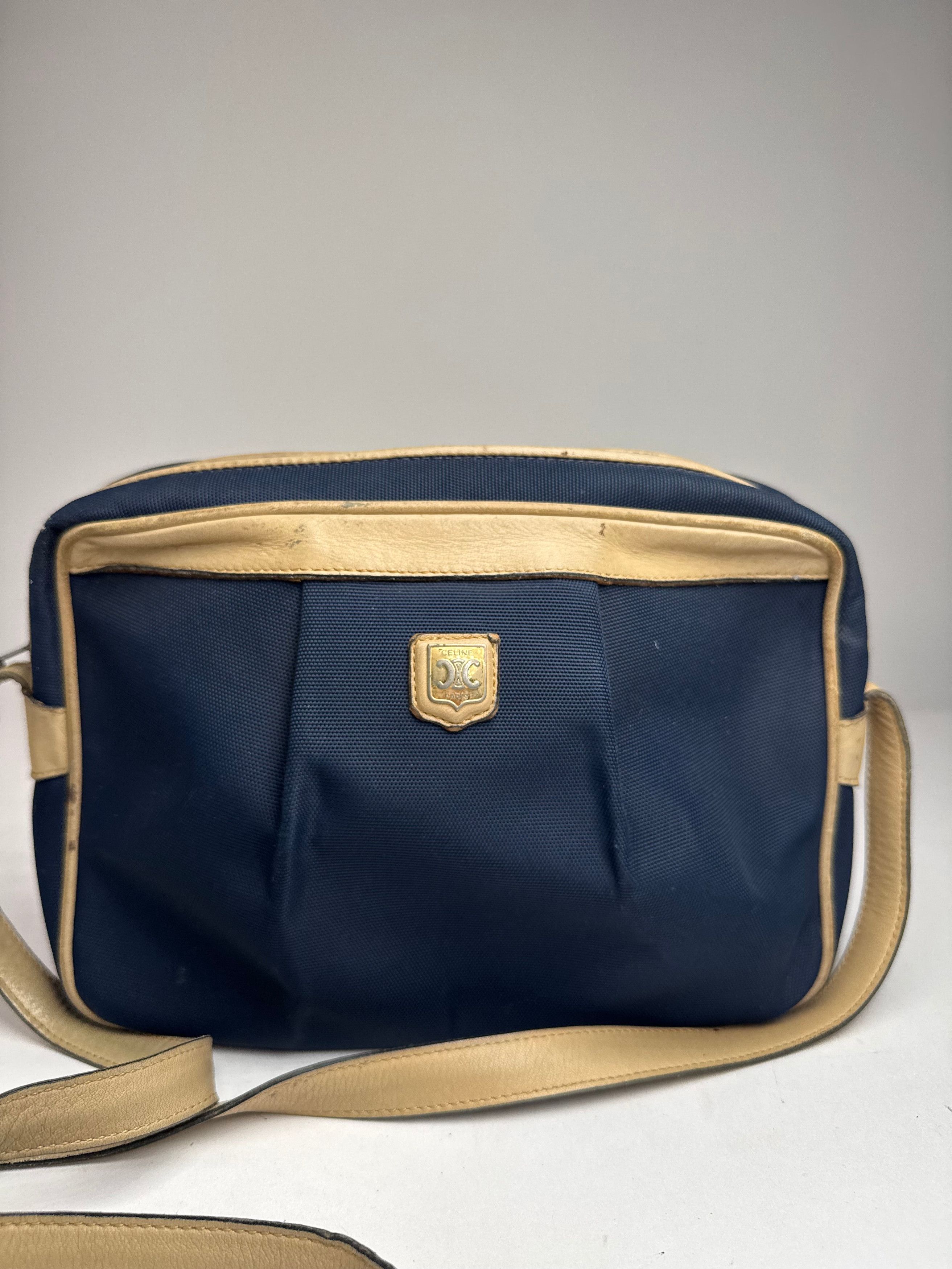 Celine Vintage Triomphe Shoulder Leather Polyester Bag Navy Gold Size ONE SIZE - 8 Thumbnail