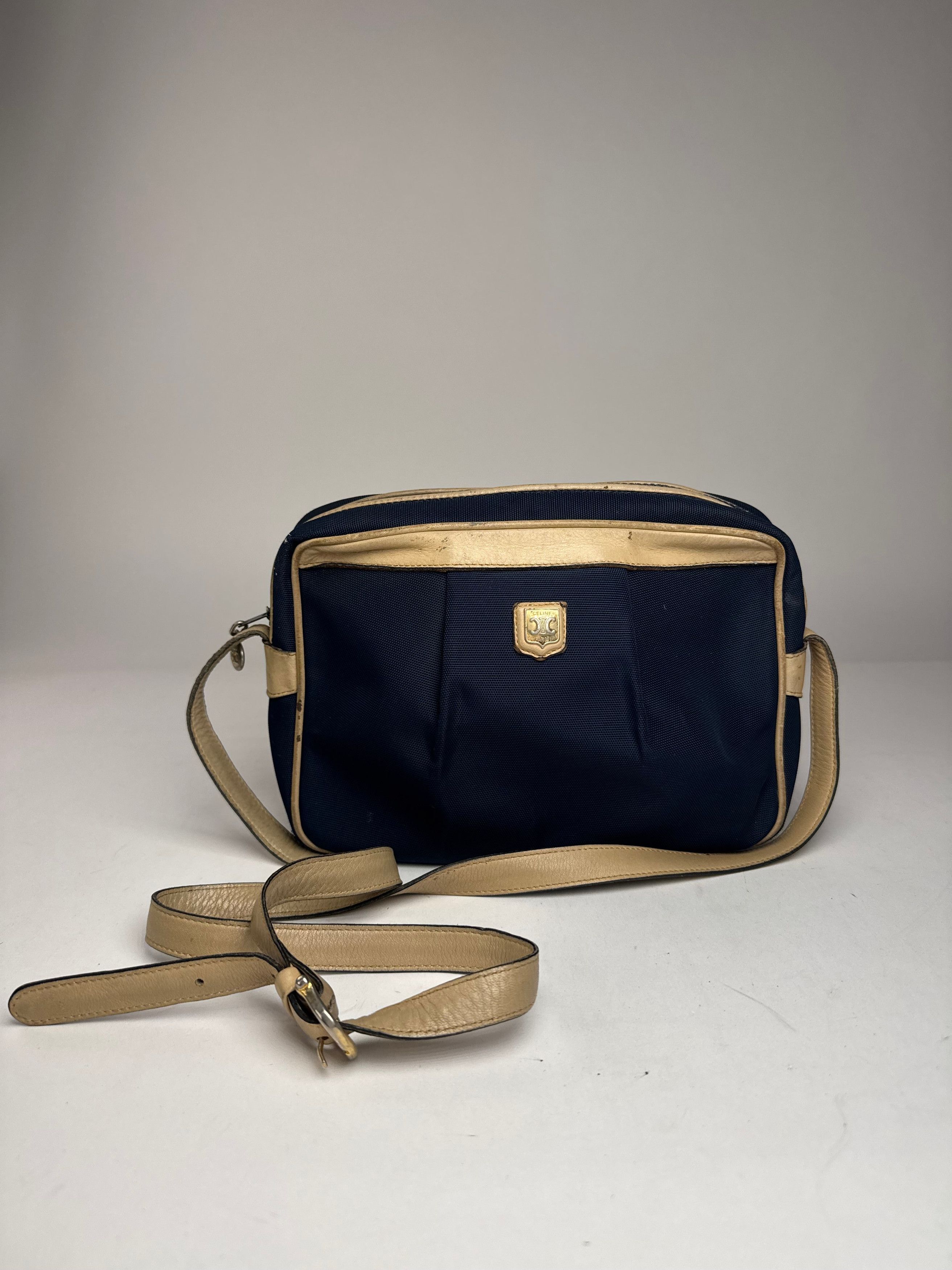 Celine Vintage Triomphe Shoulder Leather Polyester Bag Navy Gold Size ONE SIZE - 14 Thumbnail