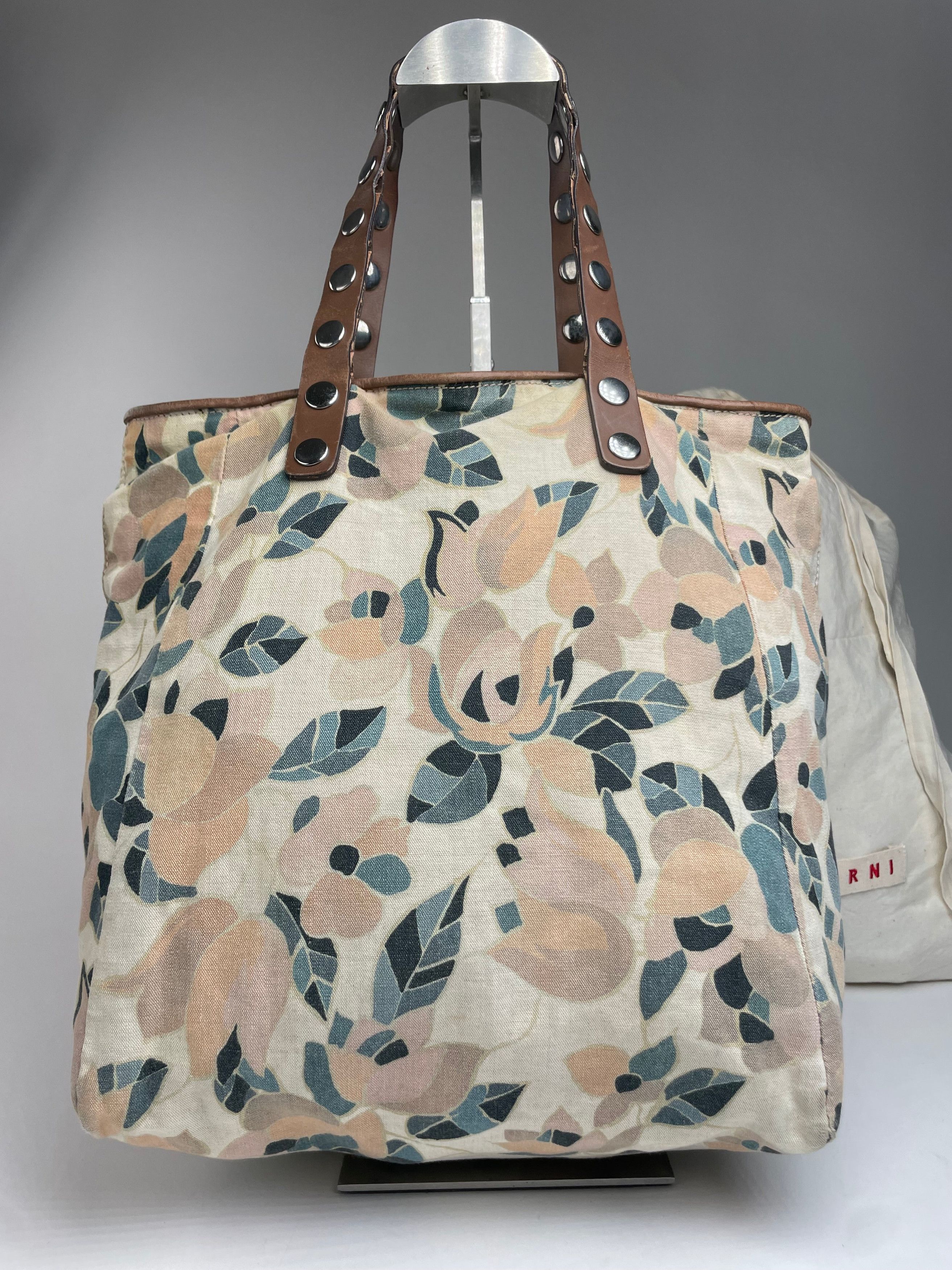 Marni Vintage Studded Floral Canvas Leather Tote bag beige brown g Size ONE SIZE - 3 Thumbnail