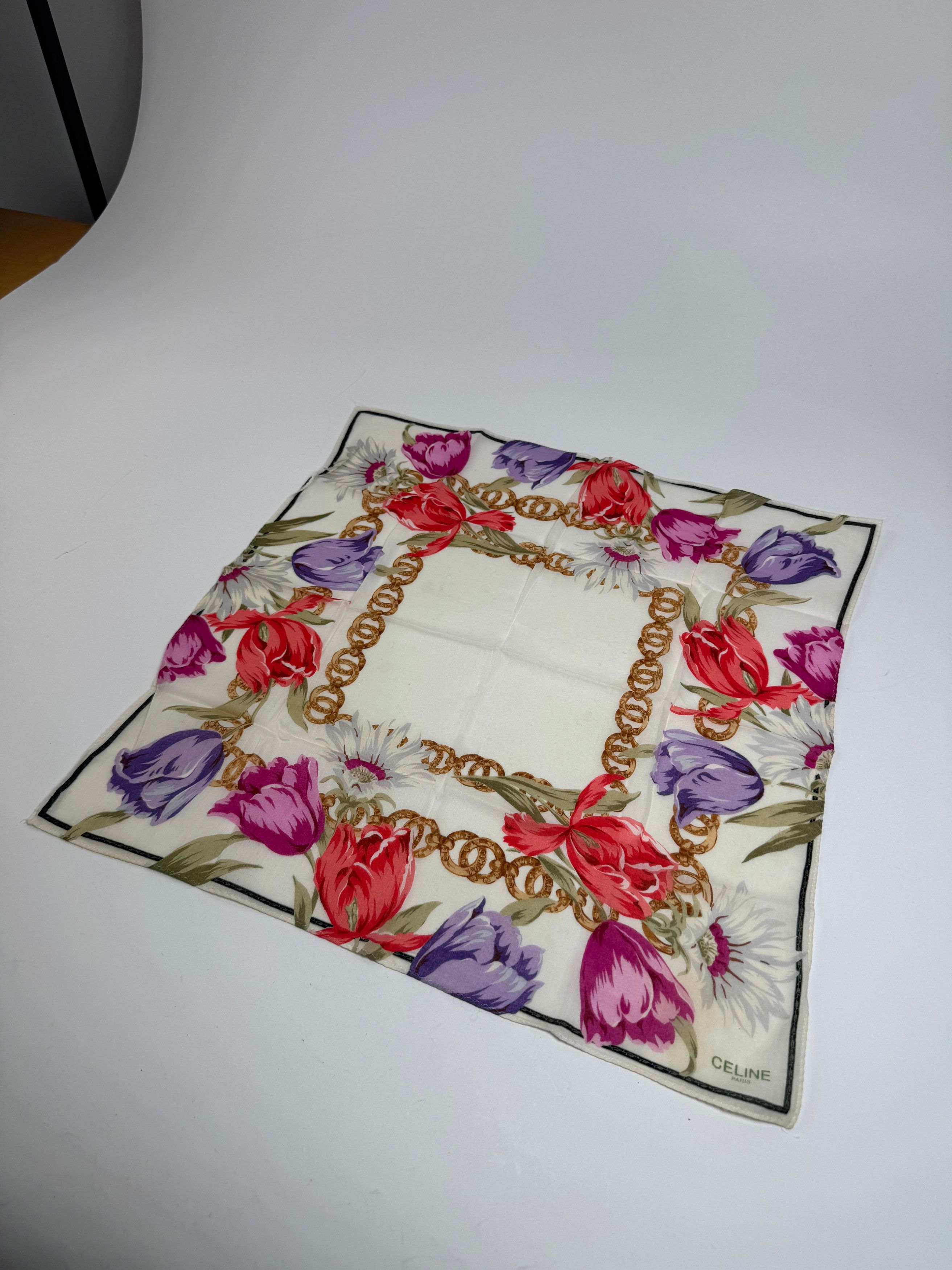 Celine Vintage Paris Floral Scarf White Red Purple Gold Size ONE SIZE - 5 Thumbnail
