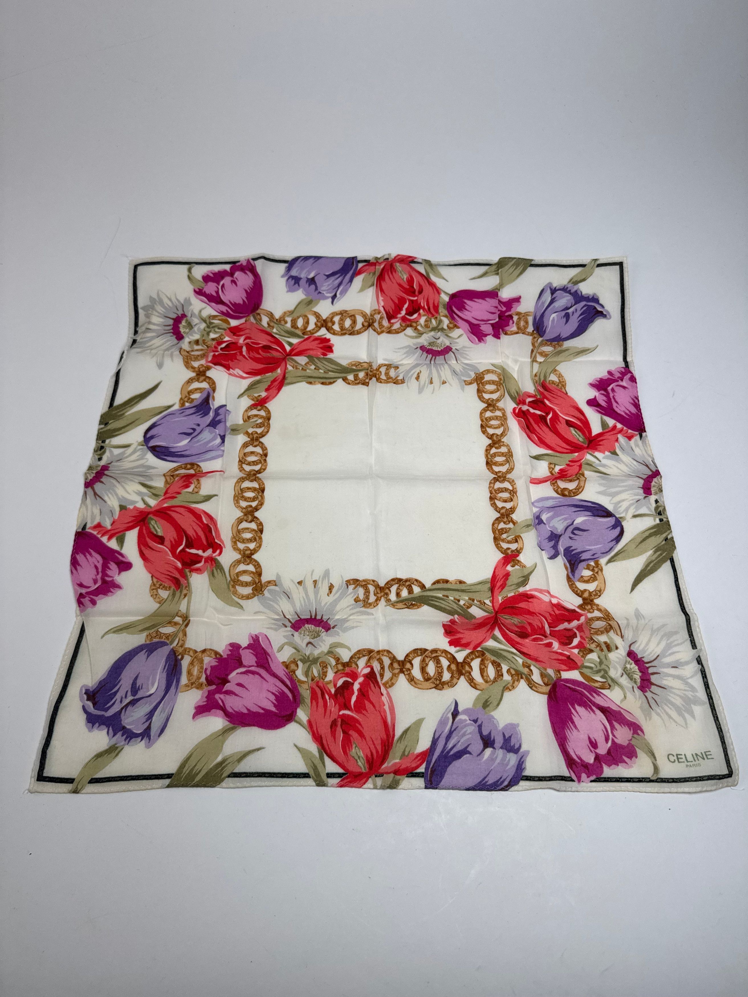 Celine Vintage Paris Floral Scarf White Red Purple Gold Size ONE SIZE - 7 Thumbnail