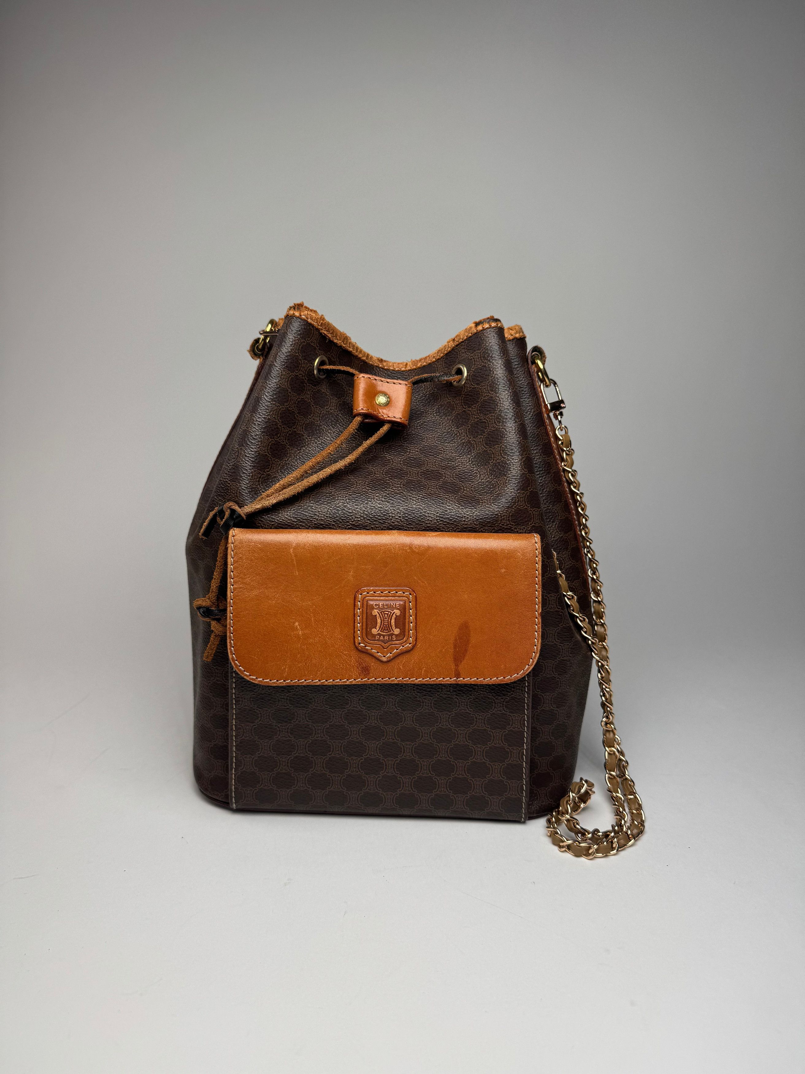 Celine Vintage Paris Sac Seau Monogram Leather Bag Brown Size ONE SIZE - 6 Thumbnail