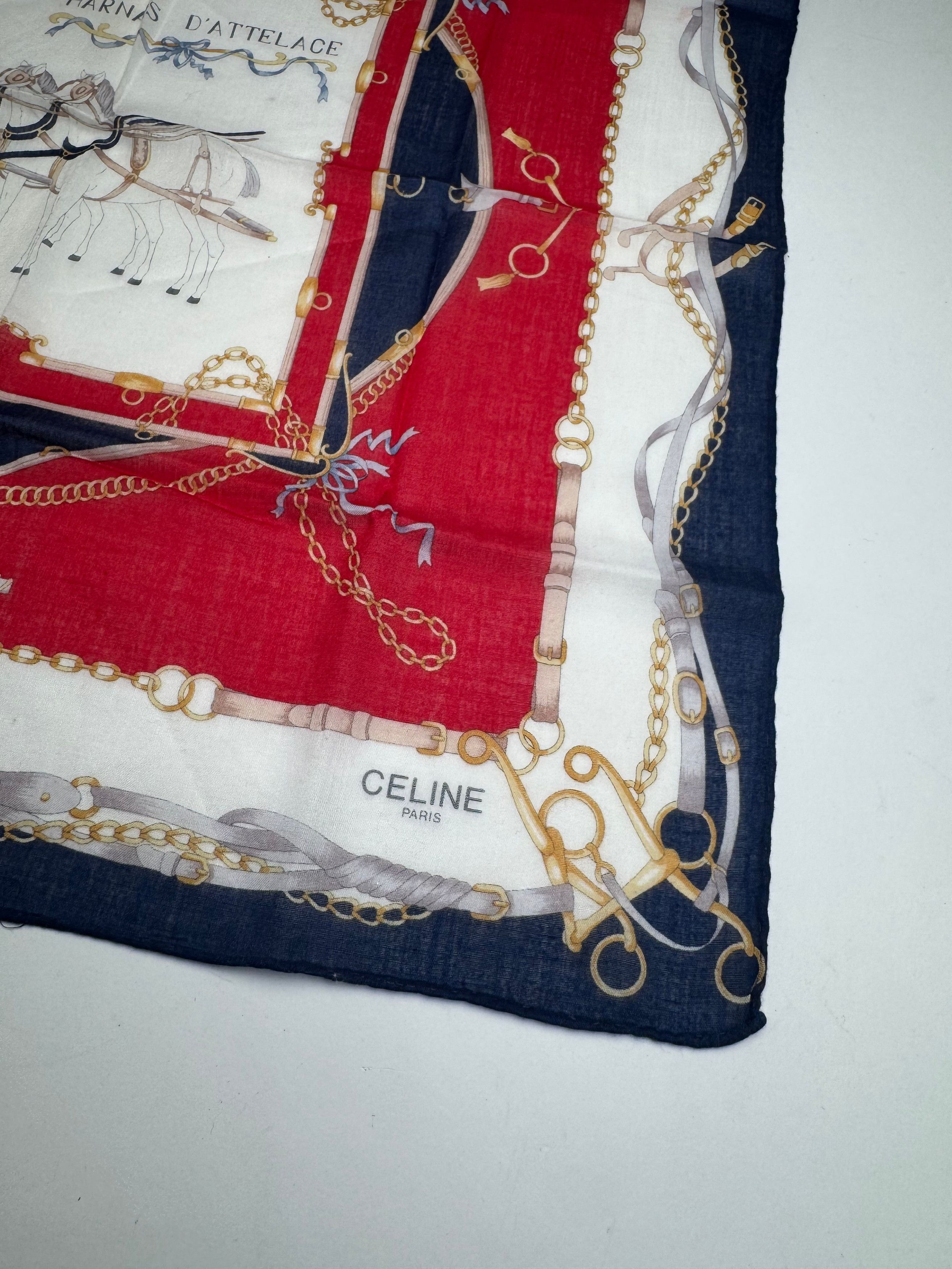 Celine Vintage Equistarian Scarf Navy White Red Size ONE SIZE - 3 Thumbnail