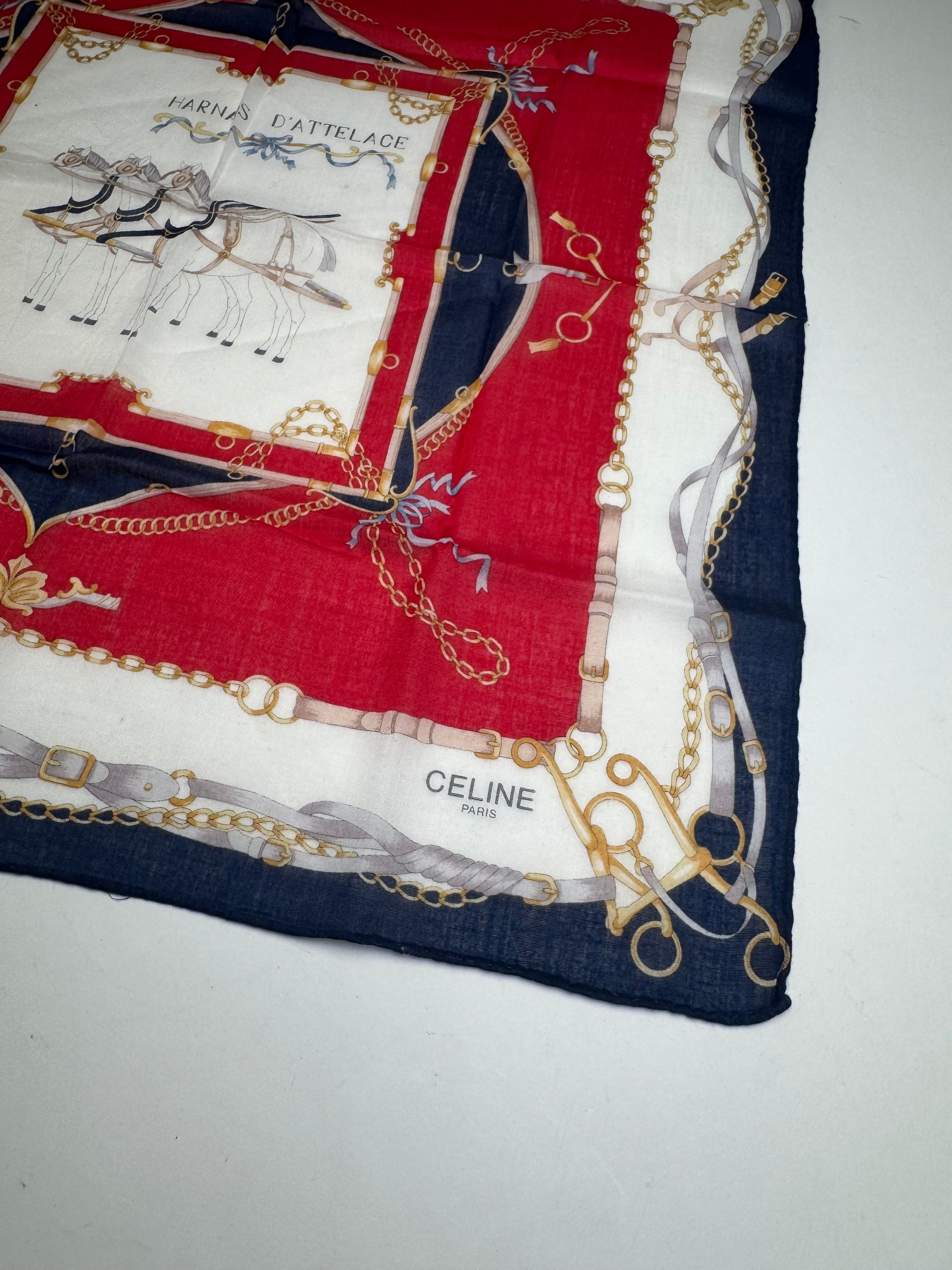 Celine Vintage Equistarian Scarf Navy White Red Size ONE SIZE - 9 Thumbnail