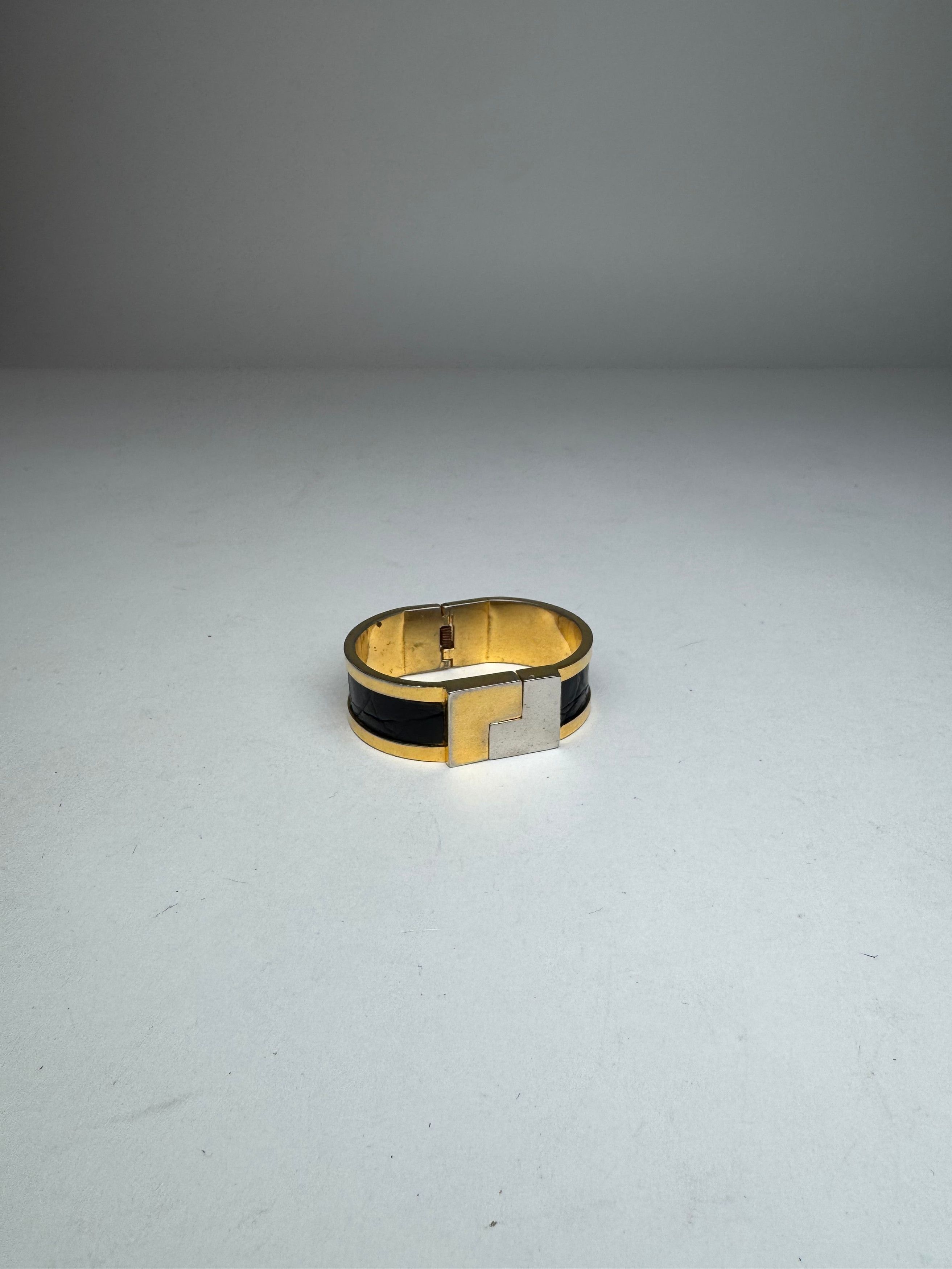 Loewe Vintage Madrid Crocodile Emblossed Steel Bracelet Golden Bla Size ONE SIZE - 7 Thumbnail