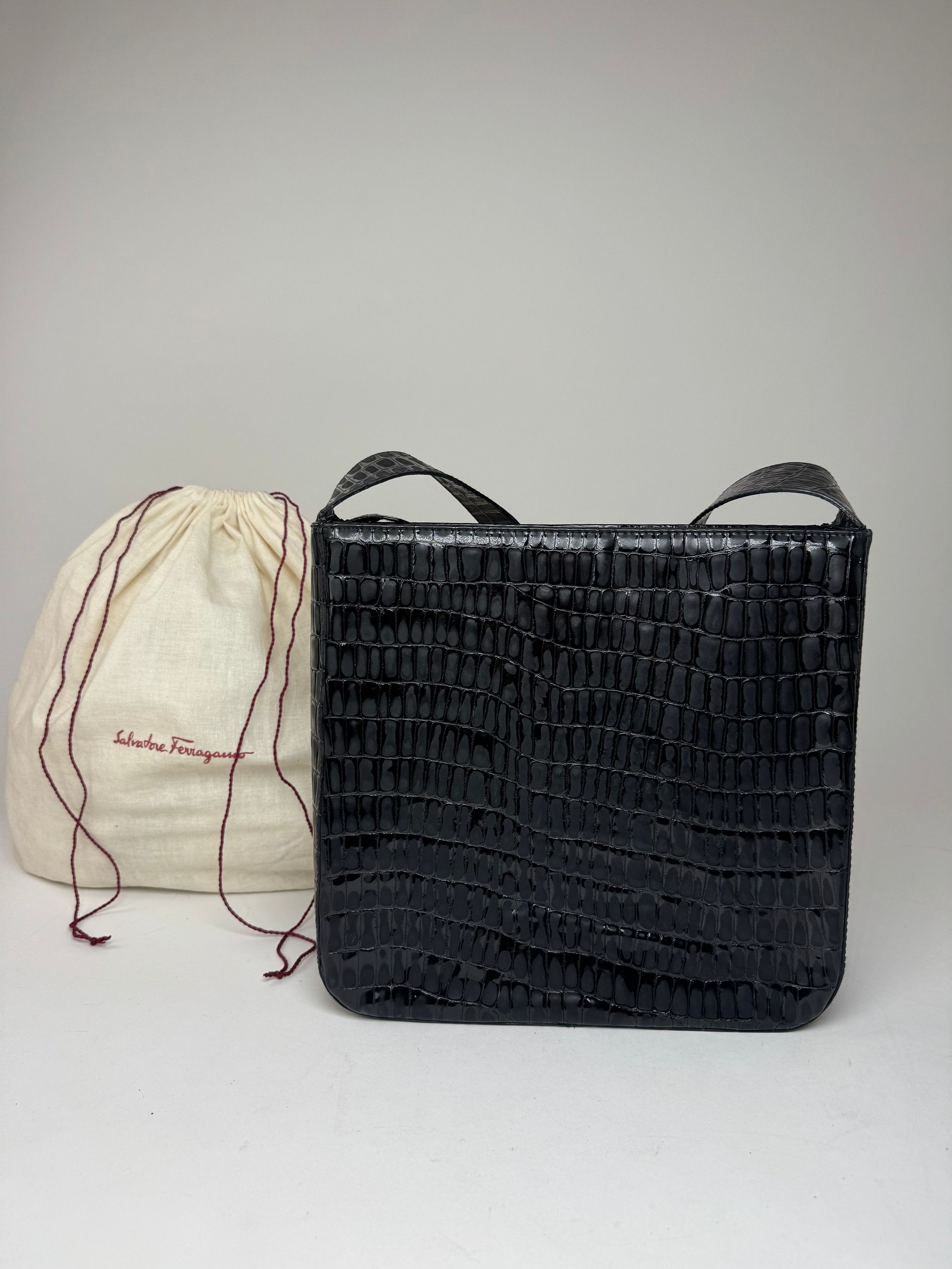 Salvatore Ferragamo Vintage Crocodile Emblossed Leather Bag Black Size ONE SIZE - 2 Thumbnail