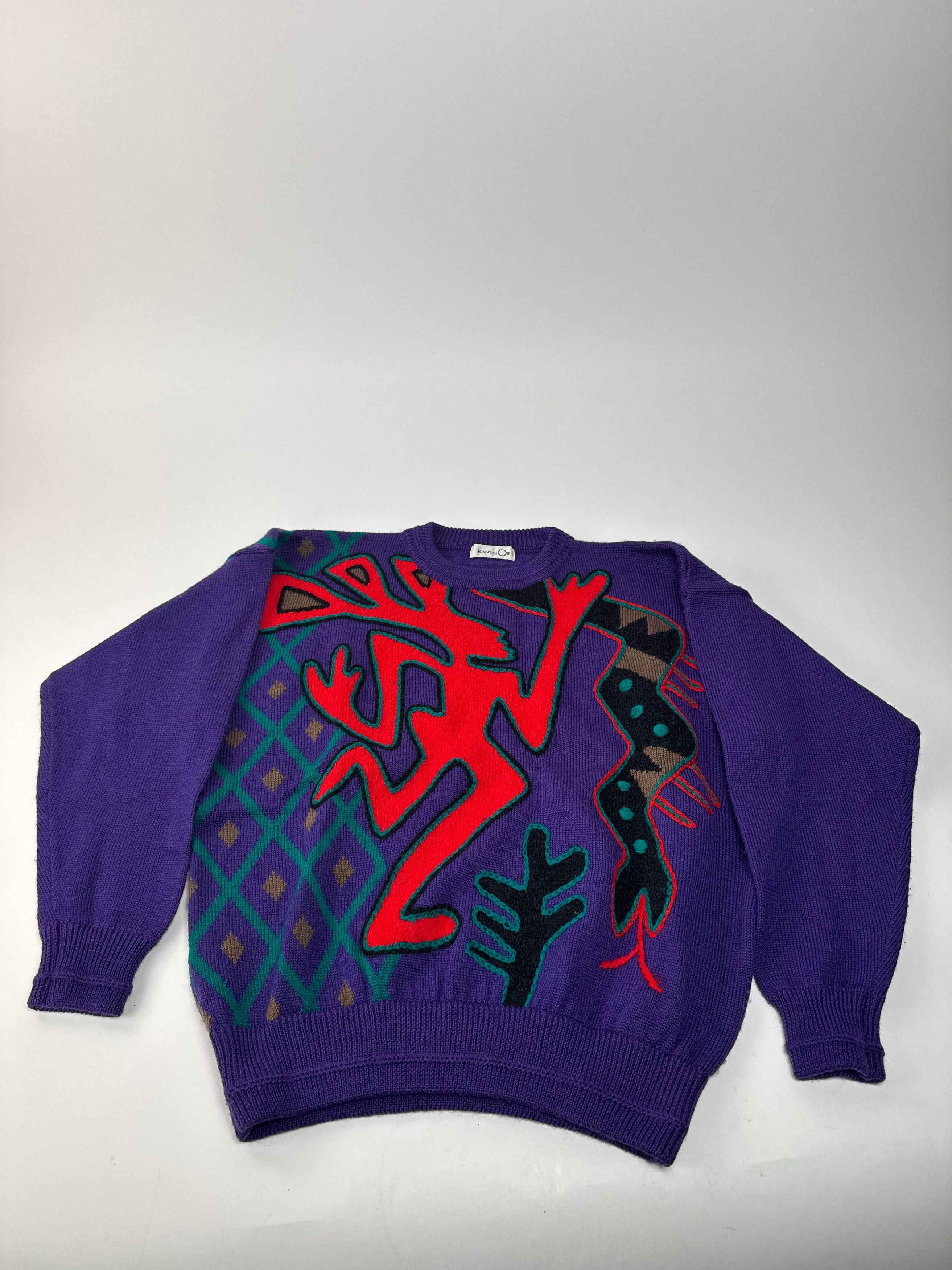 Kansai Yamamoto Vintage Kansai Wool Sweater Abstract Purple red Green M Size S / US 4 / IT 40 - 5 Thumbnail