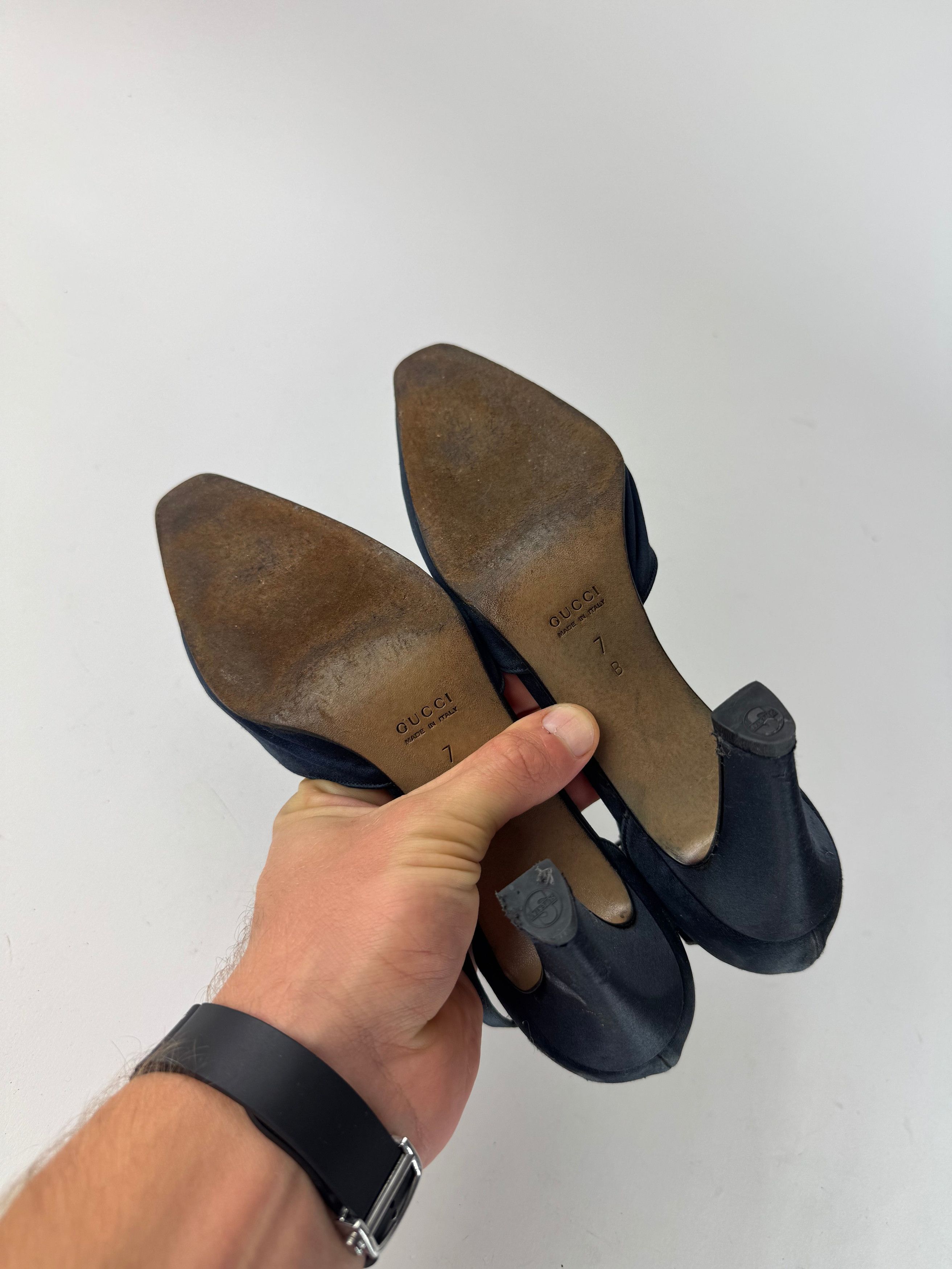 Gucci Vintage Horsebit Pumps Velvet Leather Navy Black Size US 6 / IT 36 - 8 Thumbnail