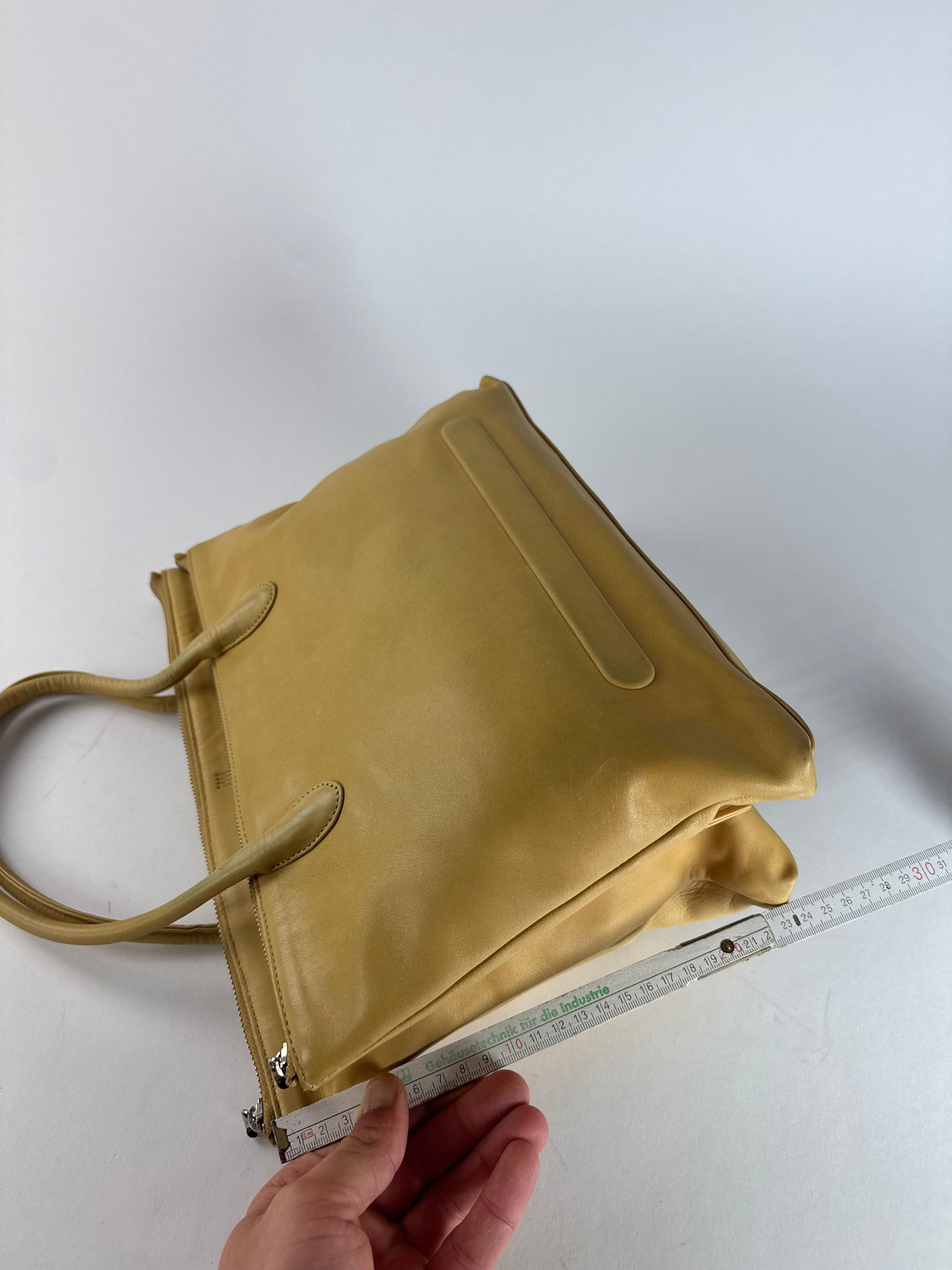 Issey Miyake Vintage Leather Handbag Yellow Beige Size ONE SIZE - 11 Thumbnail