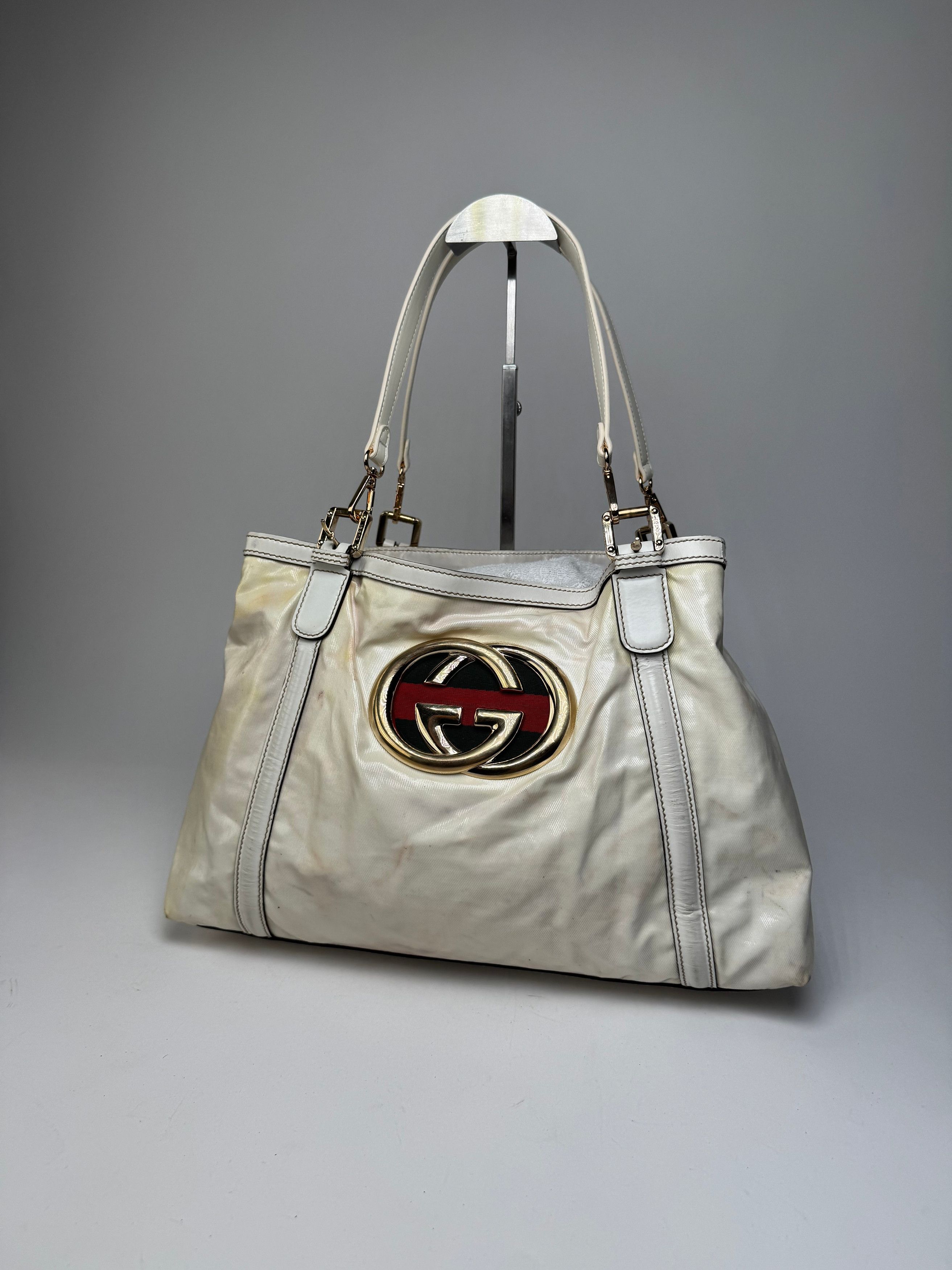 Gucci Vintage GG Leather / Polyester Tote Bag White Size ONE SIZE - 8 Thumbnail