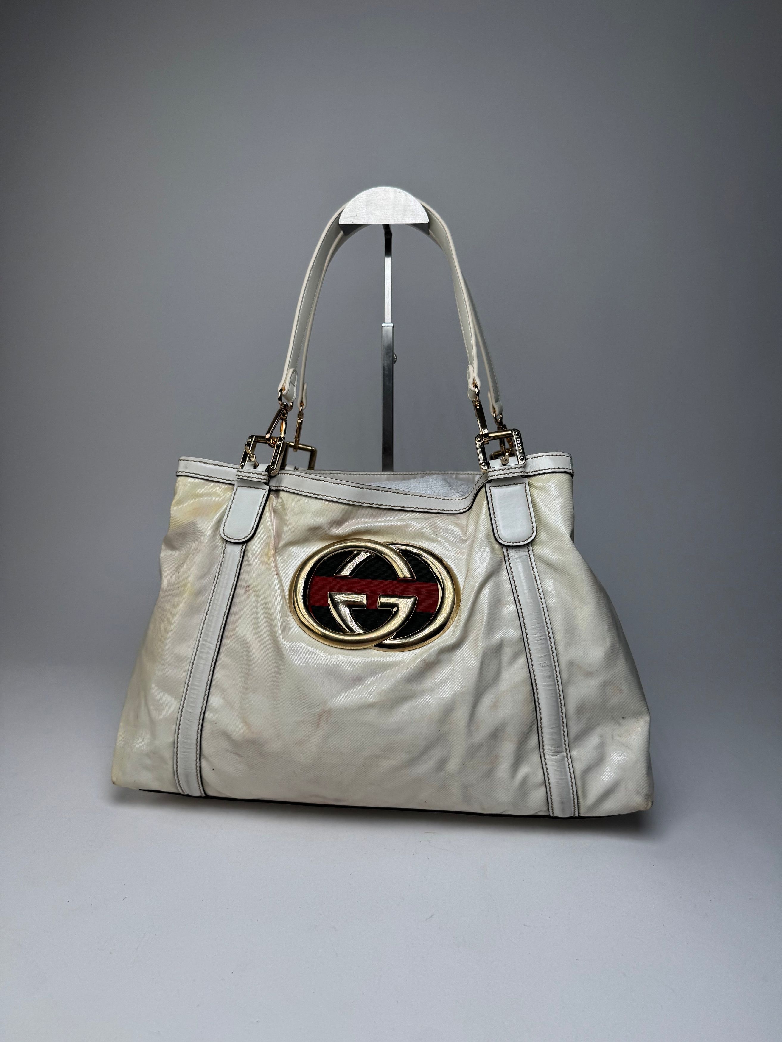 Gucci Vintage GG Leather / Polyester Tote Bag White Size ONE SIZE - 15 Thumbnail