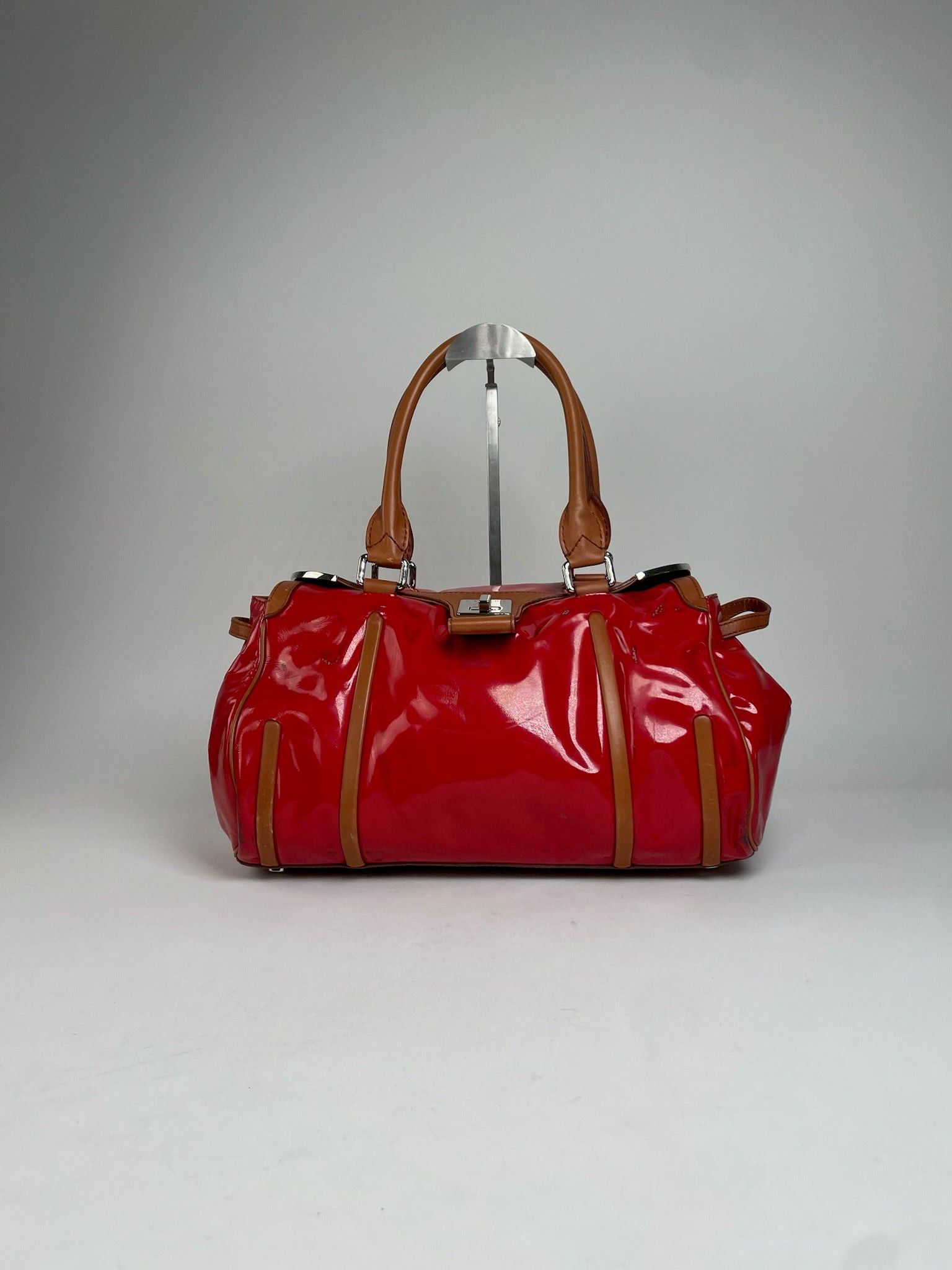 Celine Vintage Paris Patent Leather / Leather Handbag Red Brown Size ONE SIZE - 6 Thumbnail