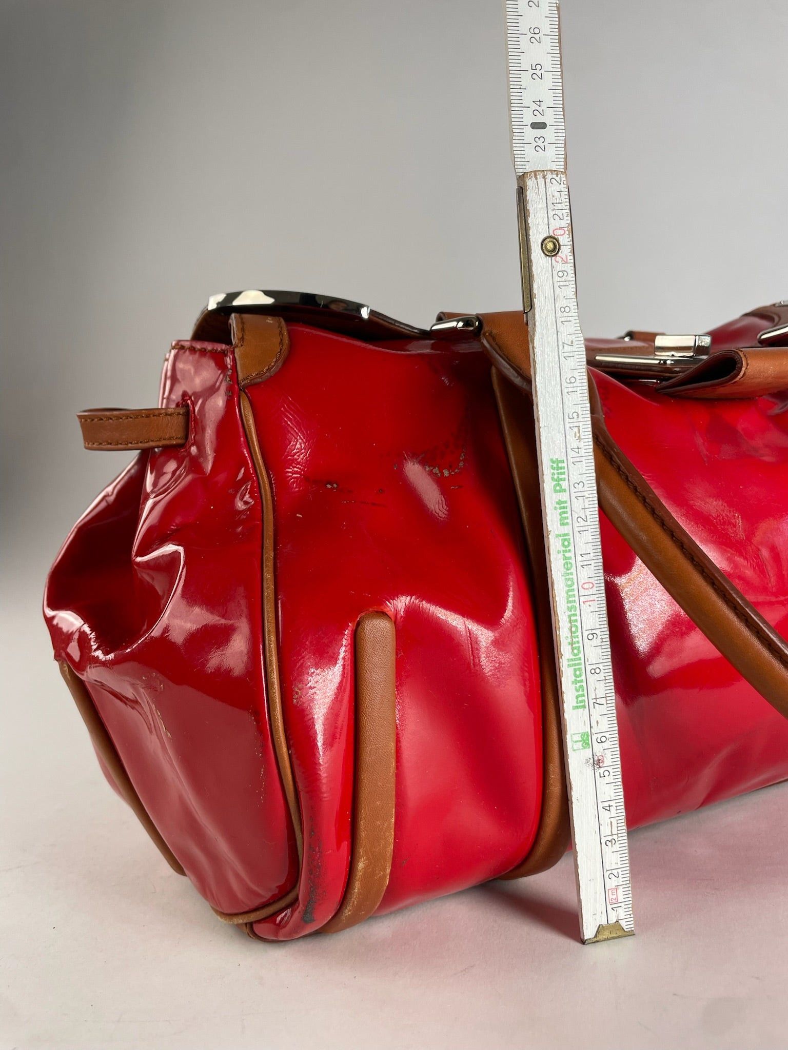 Celine Vintage Paris Patent Leather / Leather Handbag Red Brown Size ONE SIZE - 11 Thumbnail