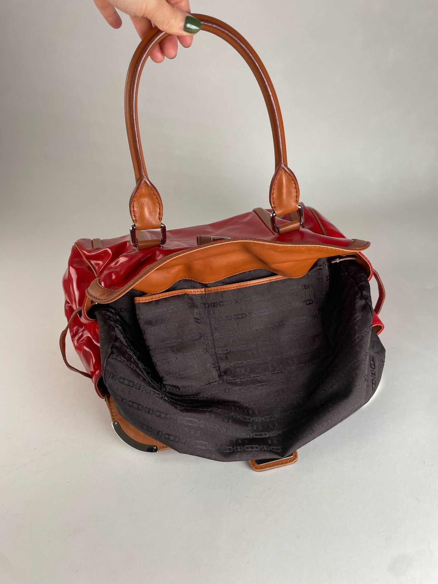 Celine Vintage Paris Patent Leather / Leather Handbag Red Brown Size ONE SIZE - 3 Thumbnail