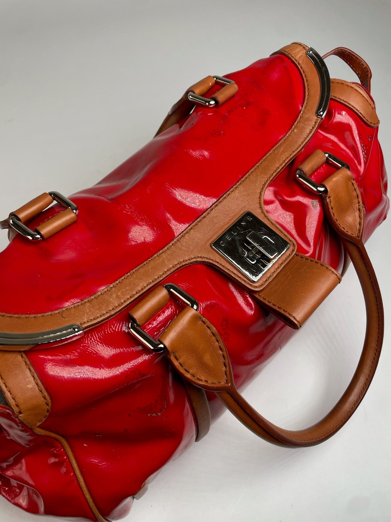 Celine Vintage Paris Patent Leather / Leather Handbag Red Brown Size ONE SIZE - 5 Thumbnail