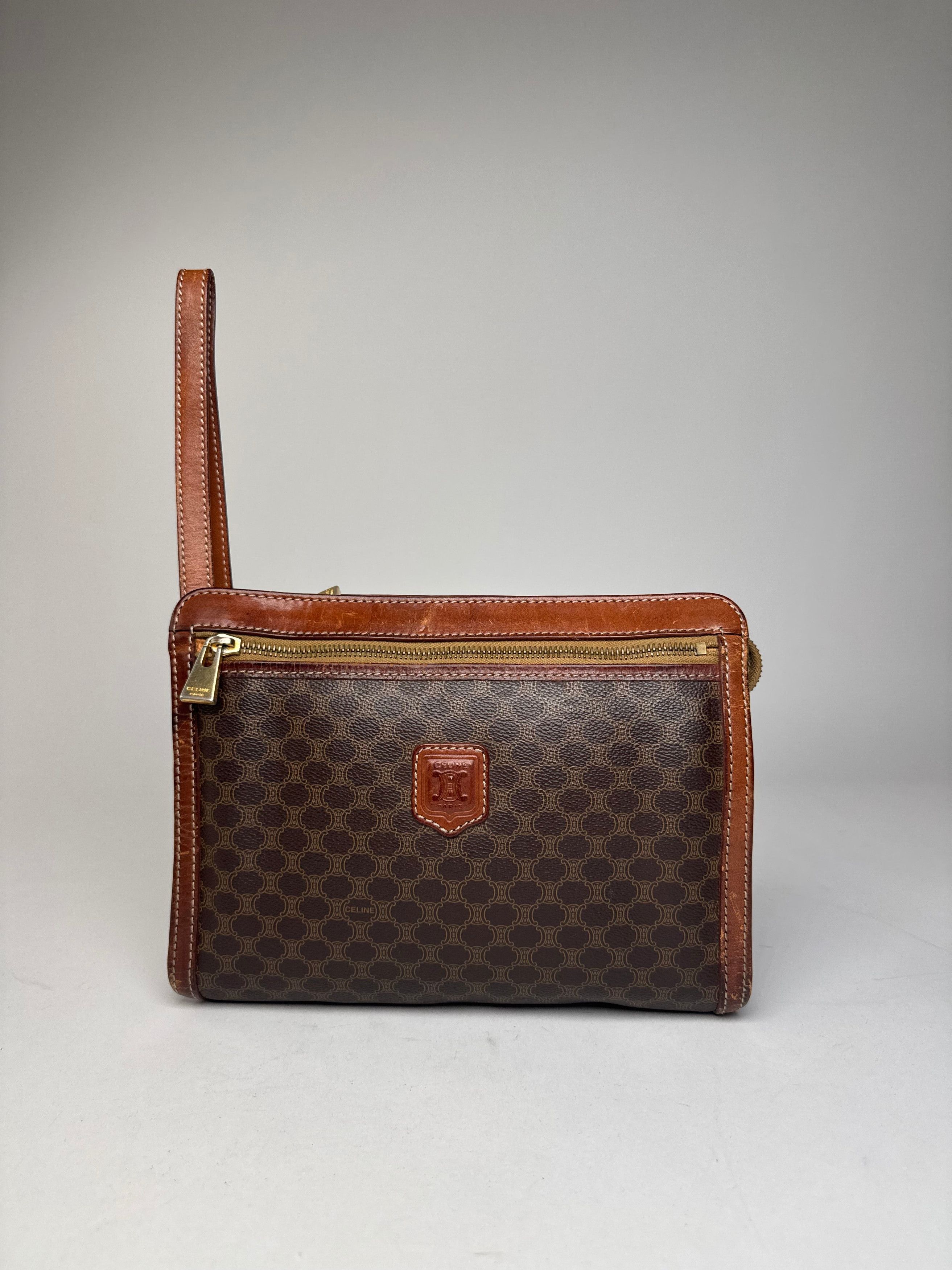 Celine Vintage Paris Triomphe Monogram Leather Clutch Brown Size ONE SIZE - 6 Thumbnail