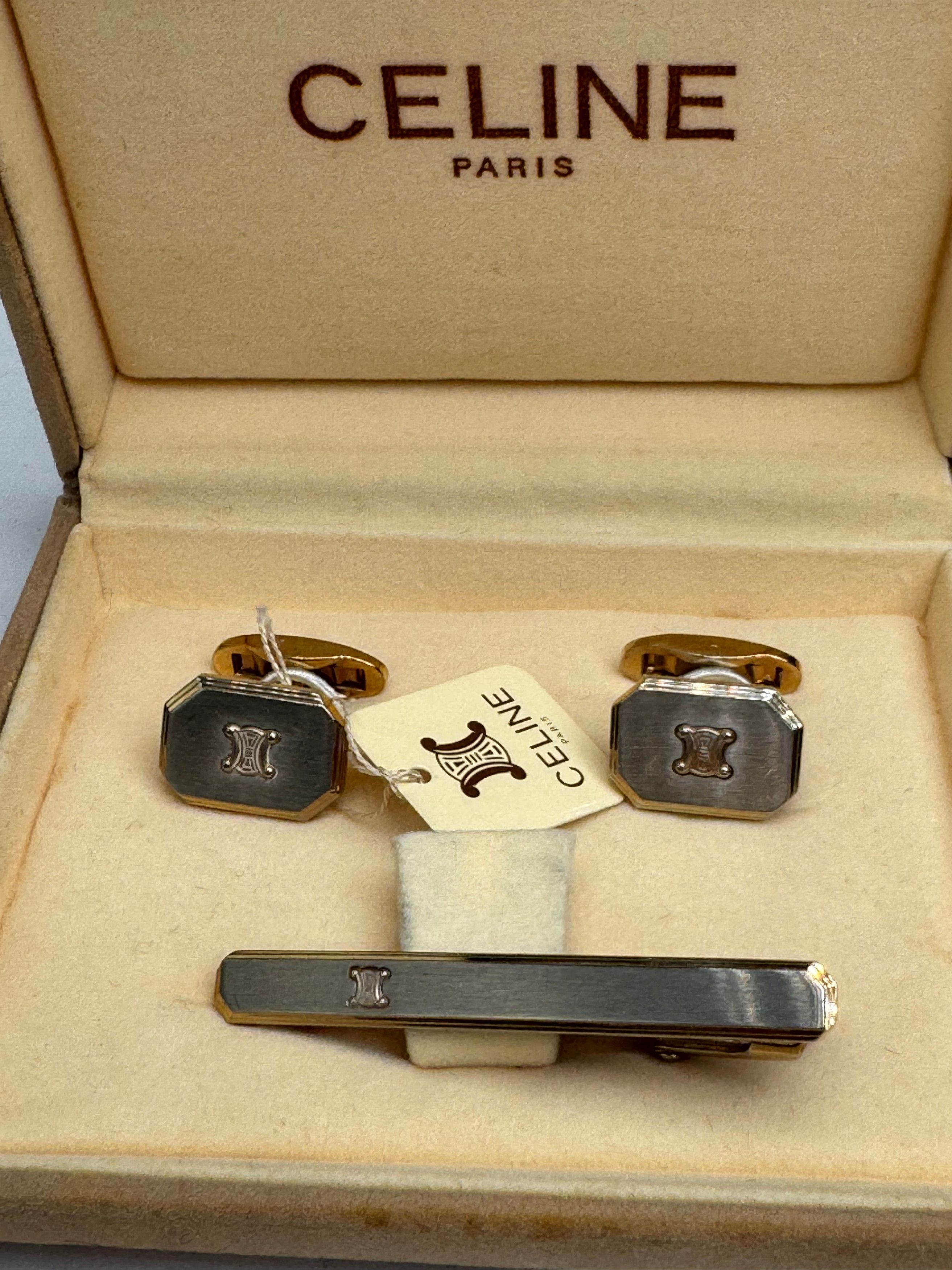Celine Vintage Paris Triomphe Logo Metal Clamp, cufflinks Set Silve Size ONE SIZE - 6 Thumbnail